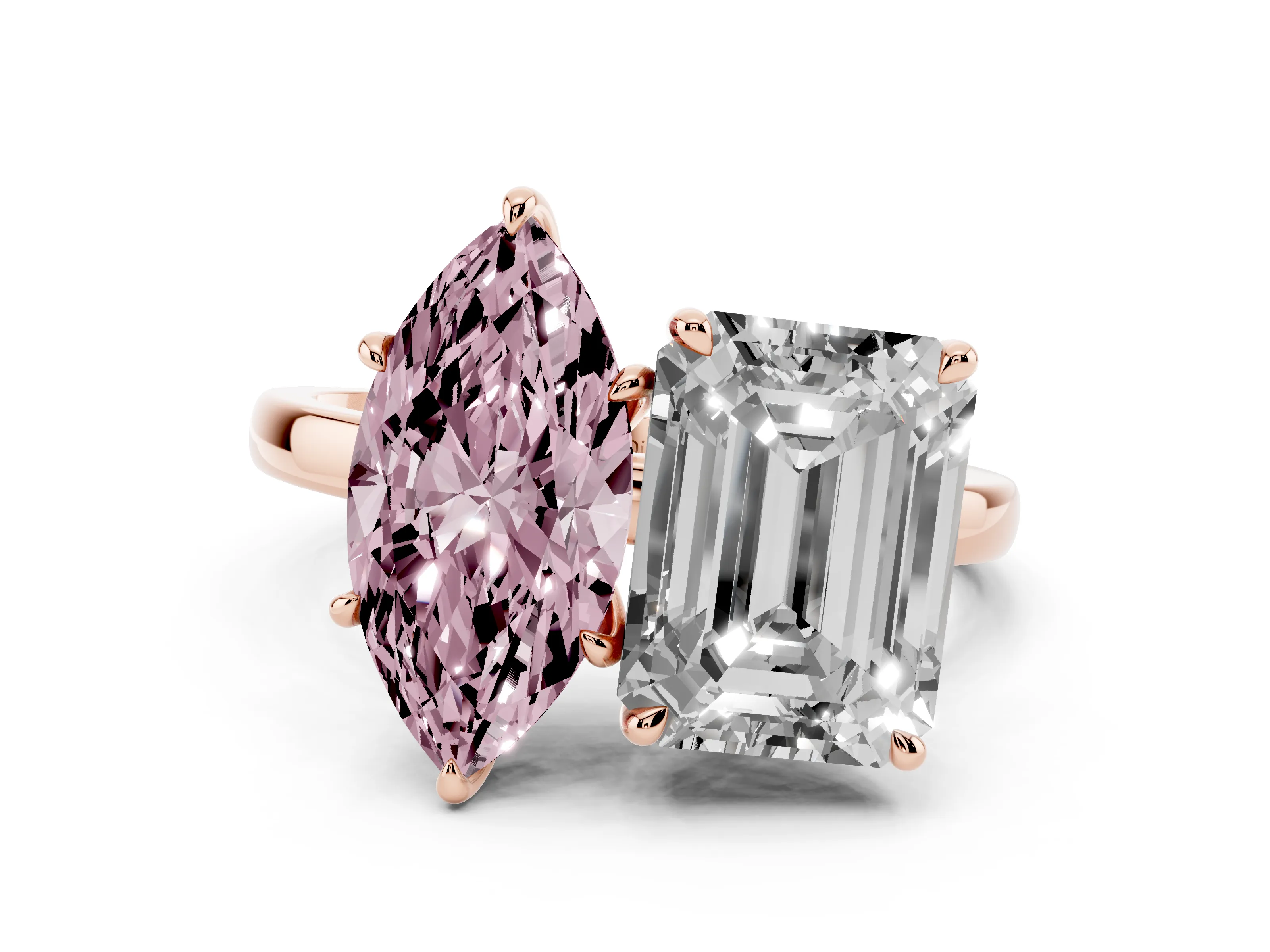 Fancy Pink Marquise Cut and Emerald Cut Toi Moi Ring Set in Rose gold with Prong Setting