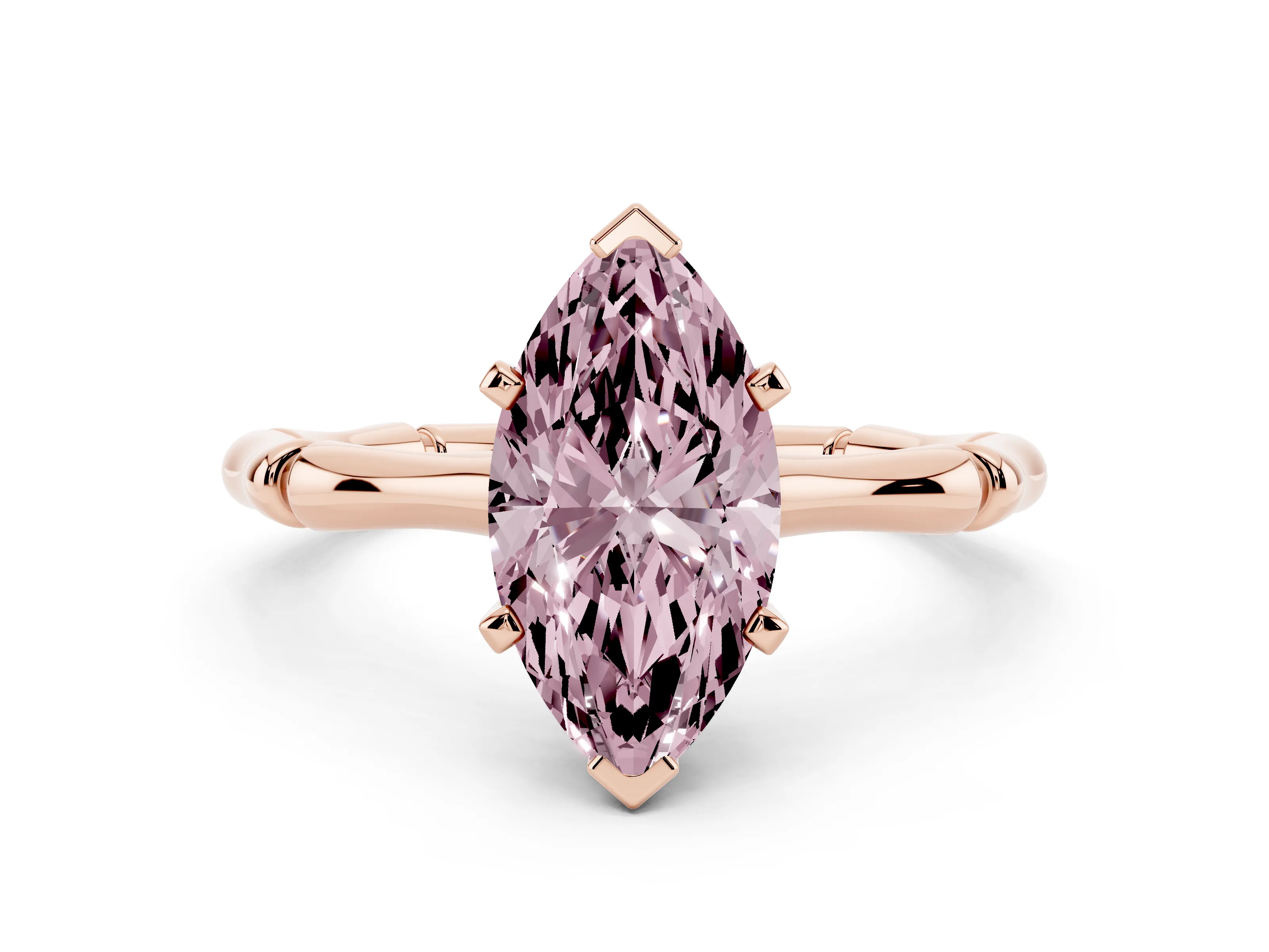 Fancy Pink Marquise Cut Diamond Solitaire Ring Set in Rose gold with Bamboo Band and Prong Setting