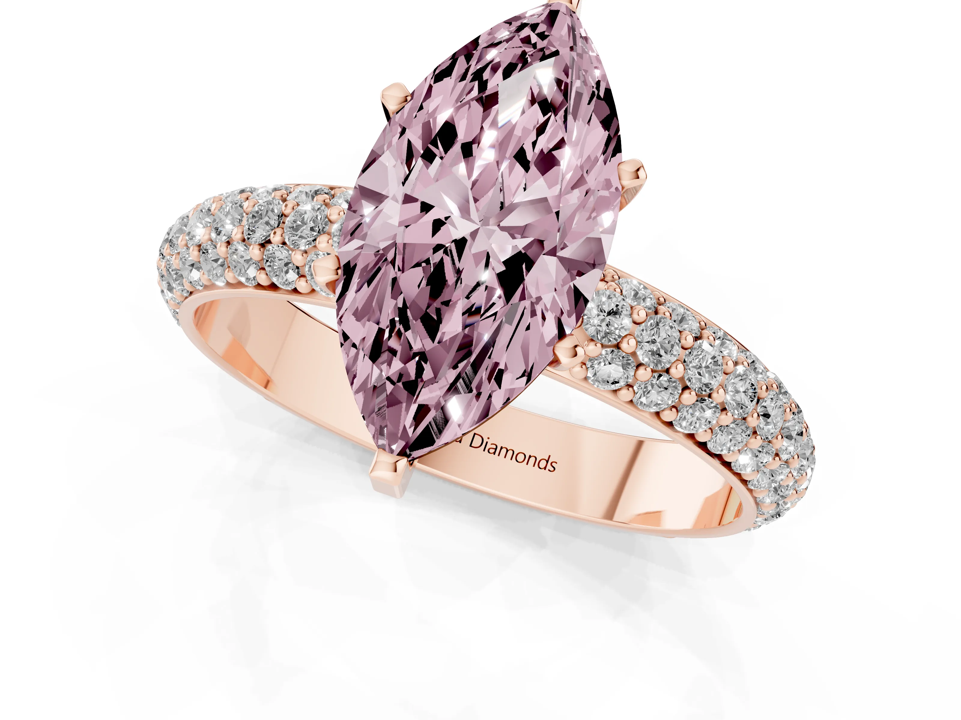 Fancy Pink Marquise Cut Diamond Solitaire Ring Set in Rose gold with Prong Setting and Pavé-Set Band