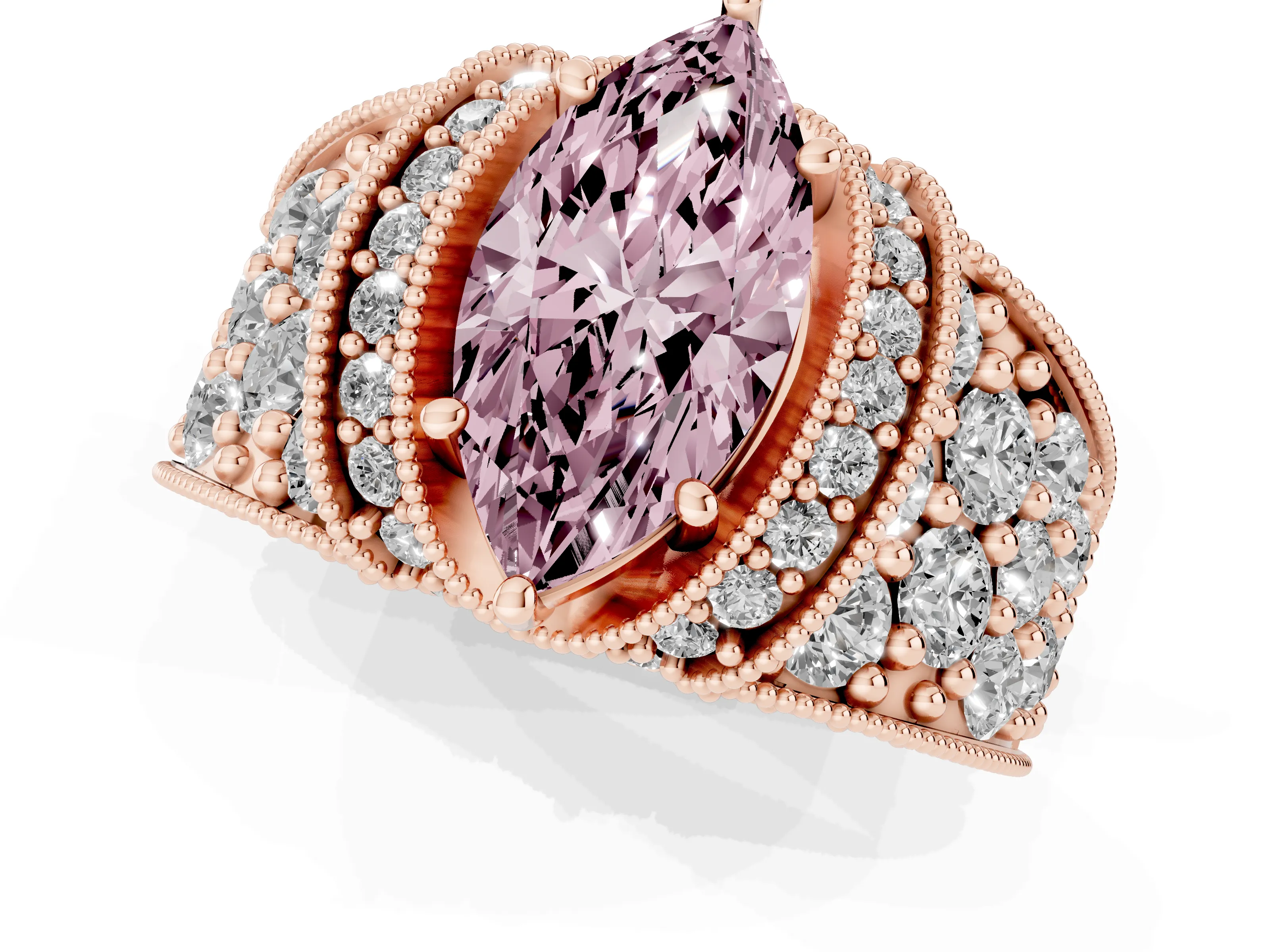 Fancy Pink Marquise Cut Diamond Milgrain Halo Pavé Engagement Ring Set in Rose gold with Prong Setting