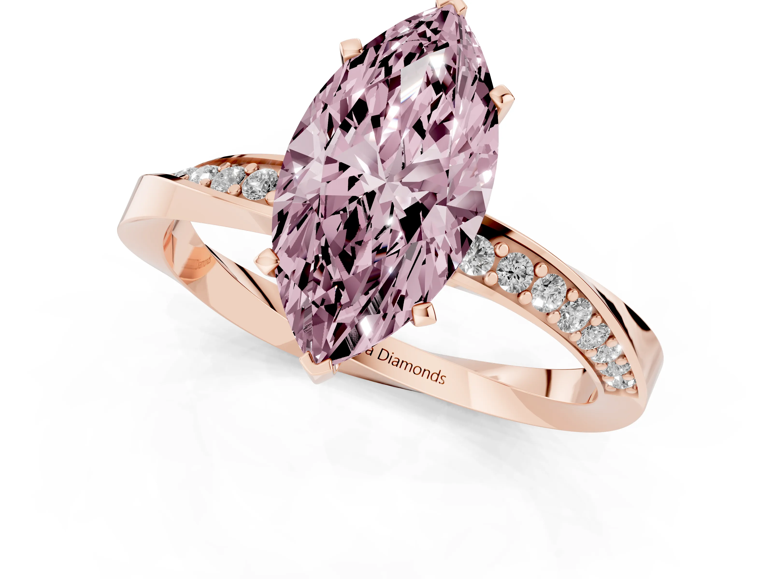 Fancy Pink Marquise Cut Diamond Engagement Ring Set in Rose gold with Side Stone Accents and Prong Setting