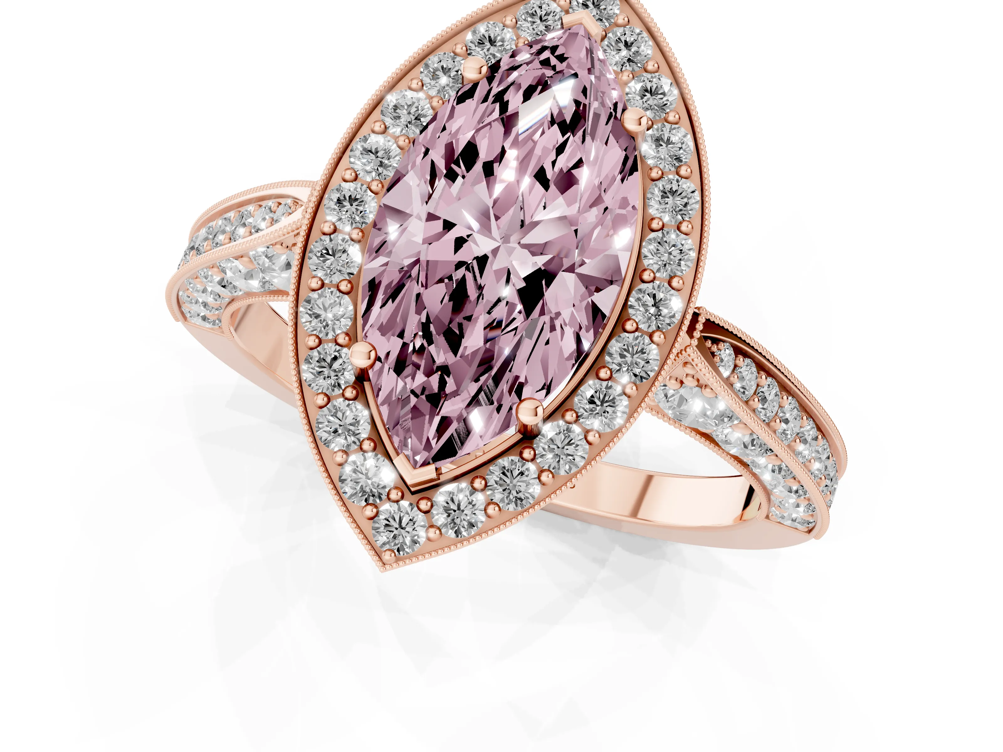 Fancy Pink Marquise Cut Diamond Halo Engagement Ring Set in Rose gold with Accent Split Shank Band