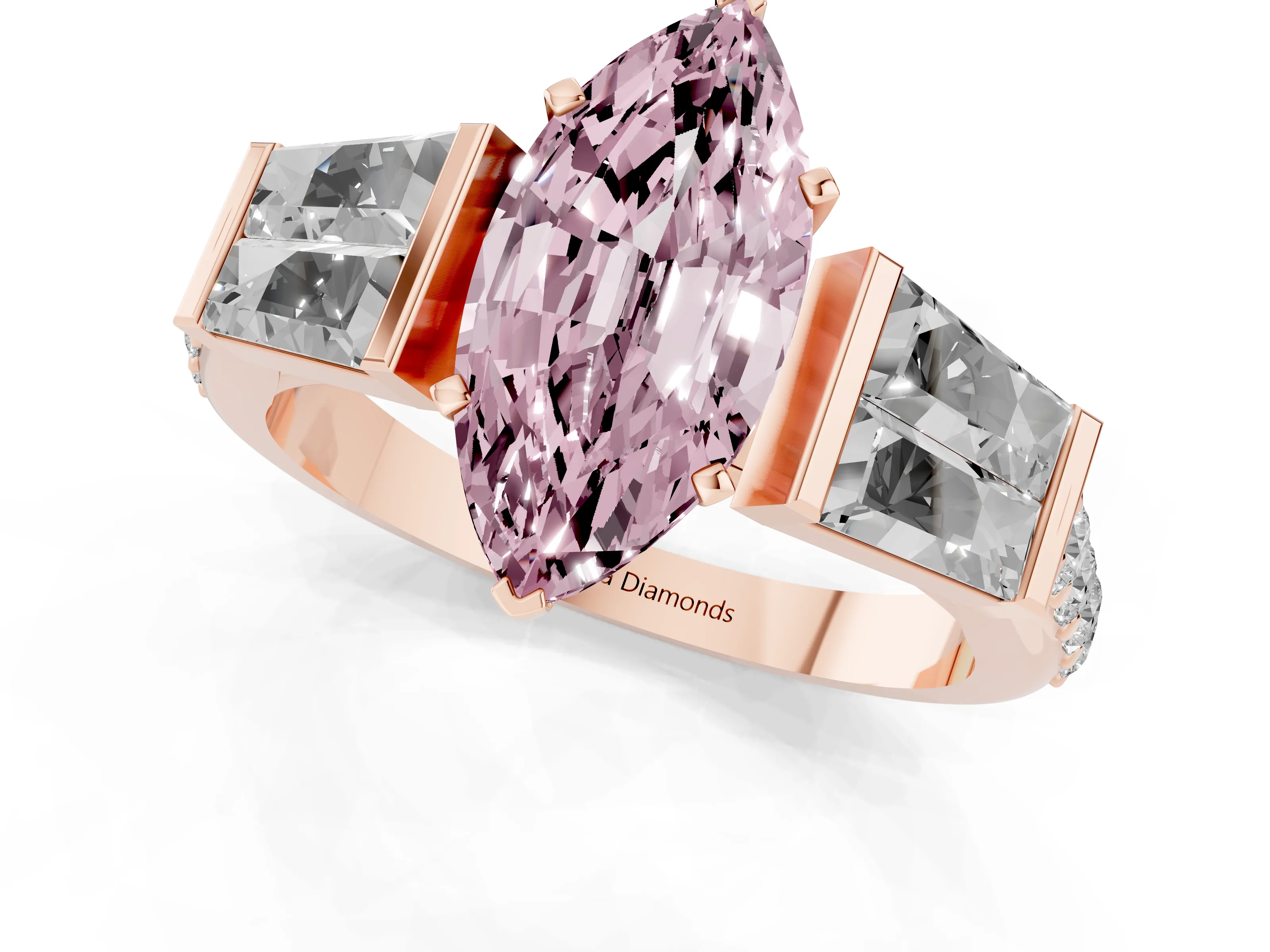 Fancy Pink Marquise Cut Diamond Engagement Ring Set in Rose gold with Baguette Side Stones and Channel Set Band