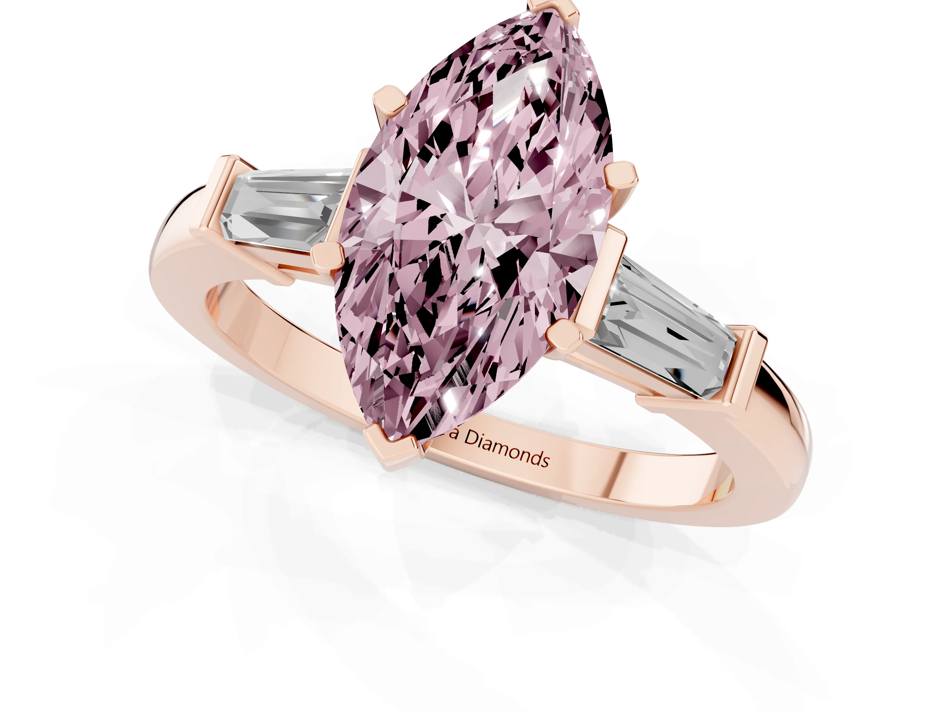 Fancy Pink Marquise Cut Diamond Solitaire Ring Set in Rose gold with Tapered Baguette Accents and Prong Setting