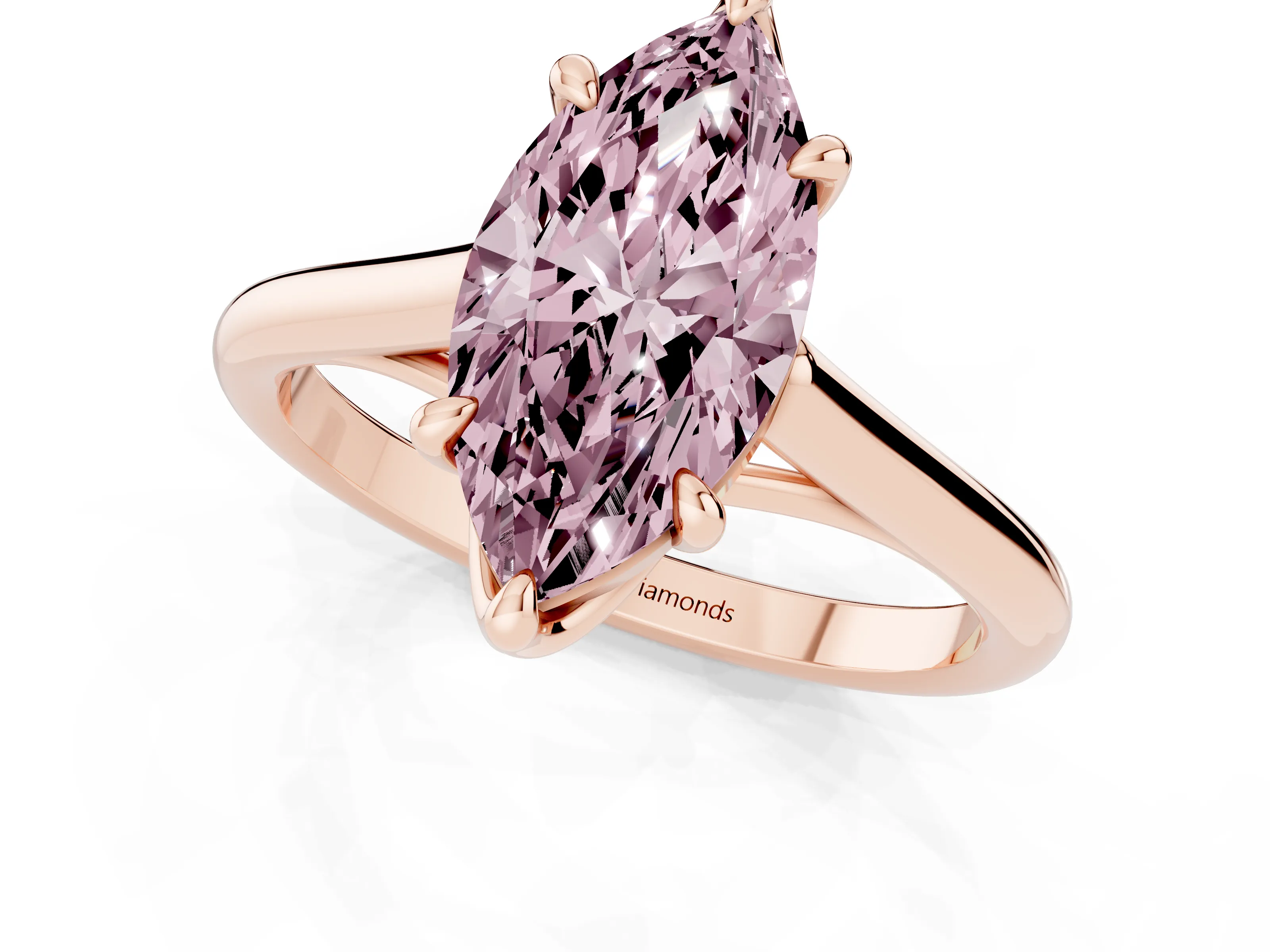 Fancy Pink Marquise Cut Diamond Solitaire Engagement Ring Set in Rose gold with Prong Setting and Plain Classic Band