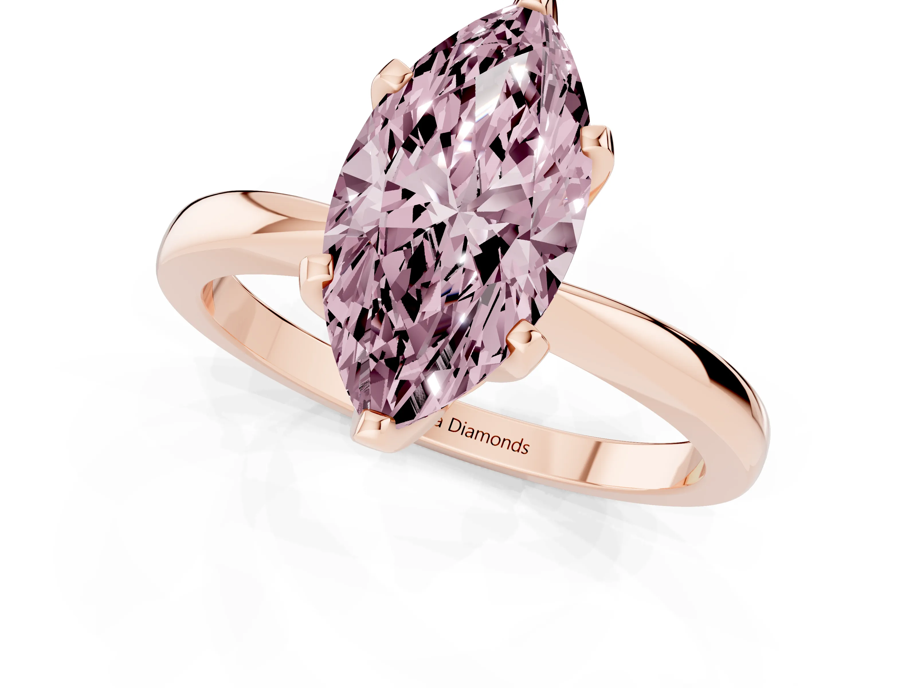 Fancy Pink Marquise Cut Diamond Solitaire Engagement Ring Set in Rose gold with Slim Tapered Solitaire Band
