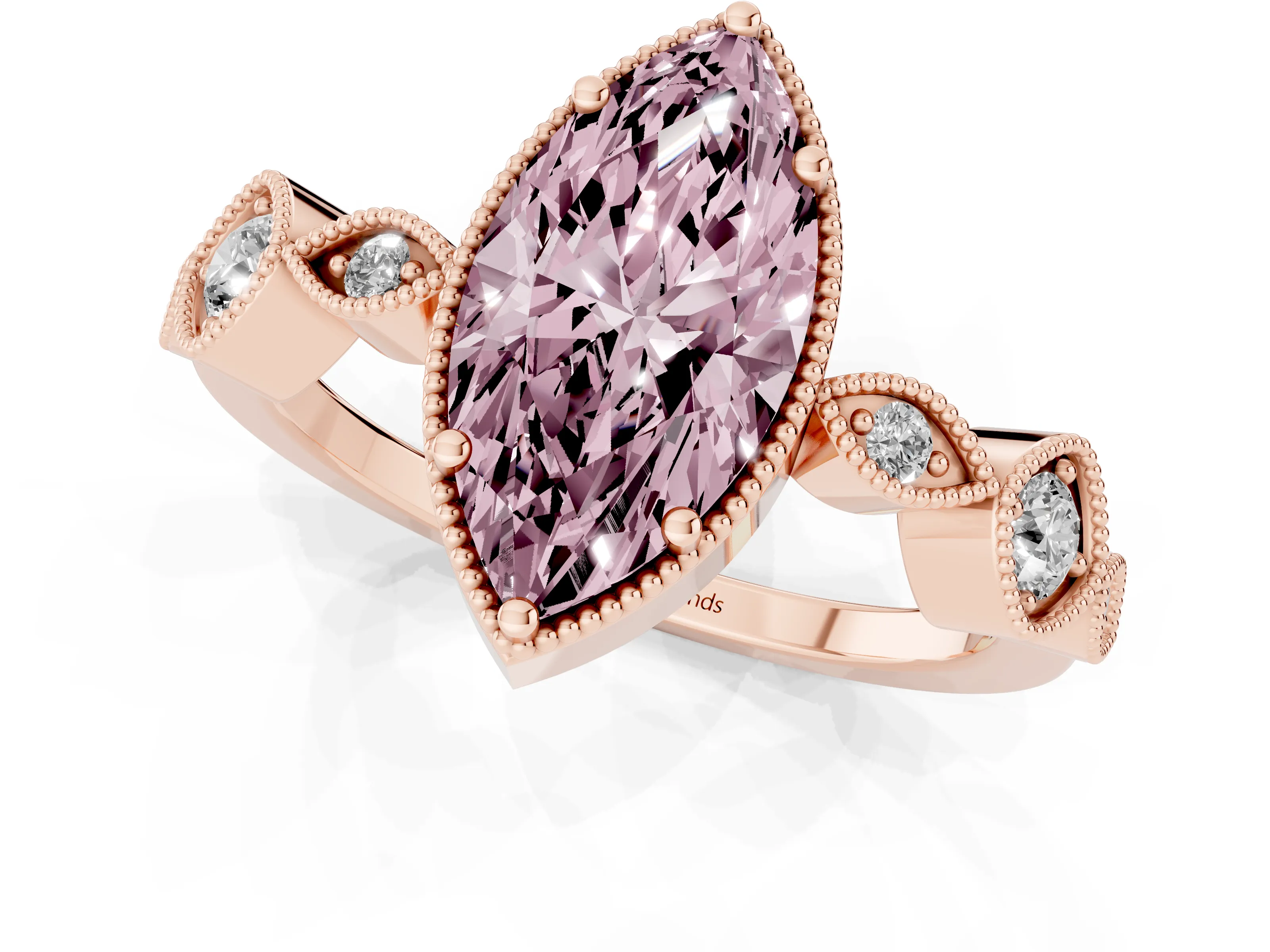 Fancy Pink Marquise Cut Diamond Vintage-Inspired Milgrain Ring Set in Rose gold with Marquise Stations of Round Accents