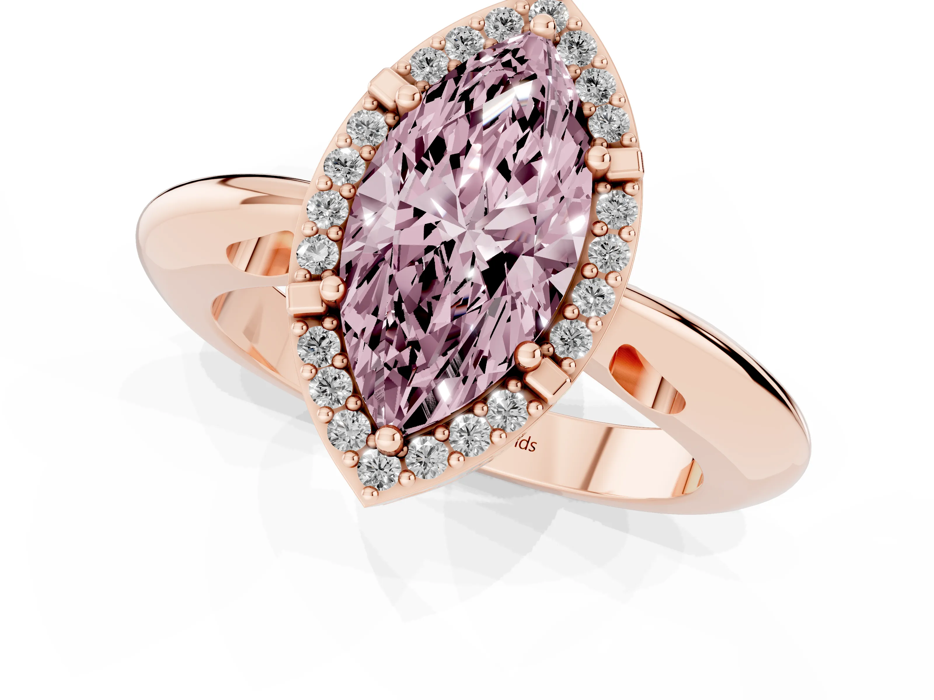 Fancy Pink Marquise Cut Diamond Halo Engagement Ring Set in Rose gold with Plain Split Shank and Prong Setting