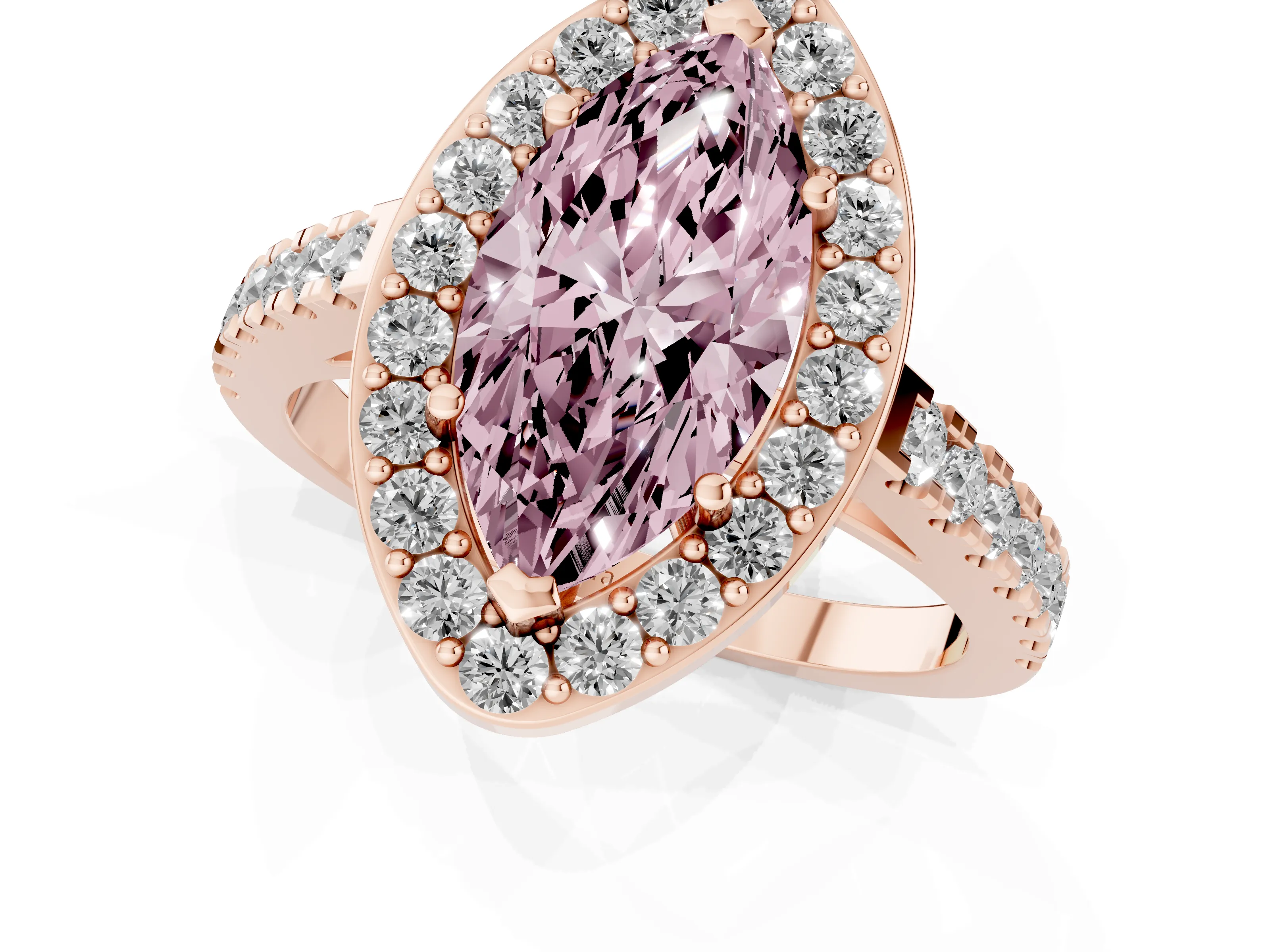 Fancy Pink Marquise Cut Diamond Halo Ring Set in Rose gold with Round Pavé Split Shank and Prong Setting
