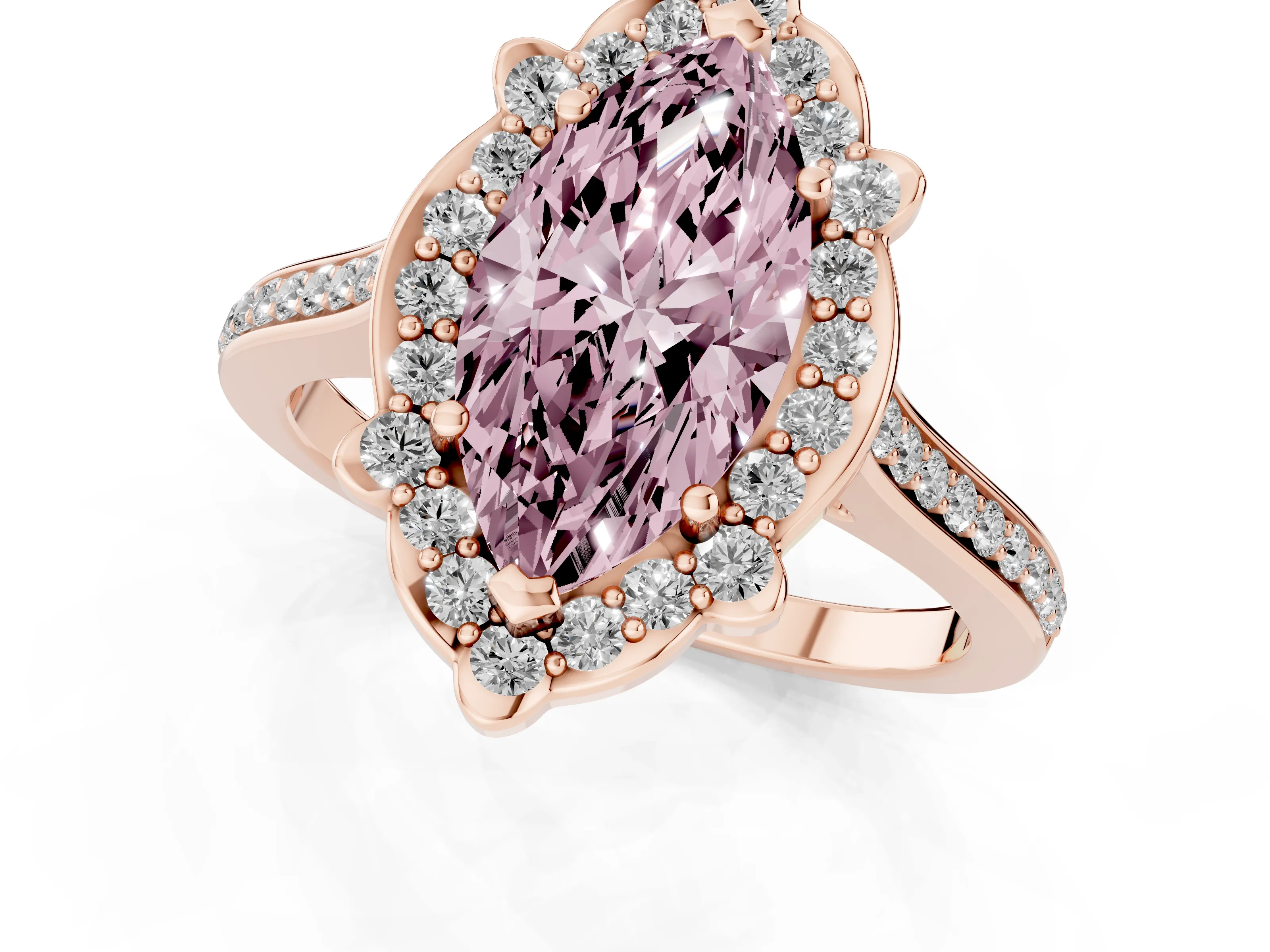 Fancy Pink Marquise Cut Diamond Halo Ring Set in Rose gold with Pavé-Lined Shoulders and Prong Setting