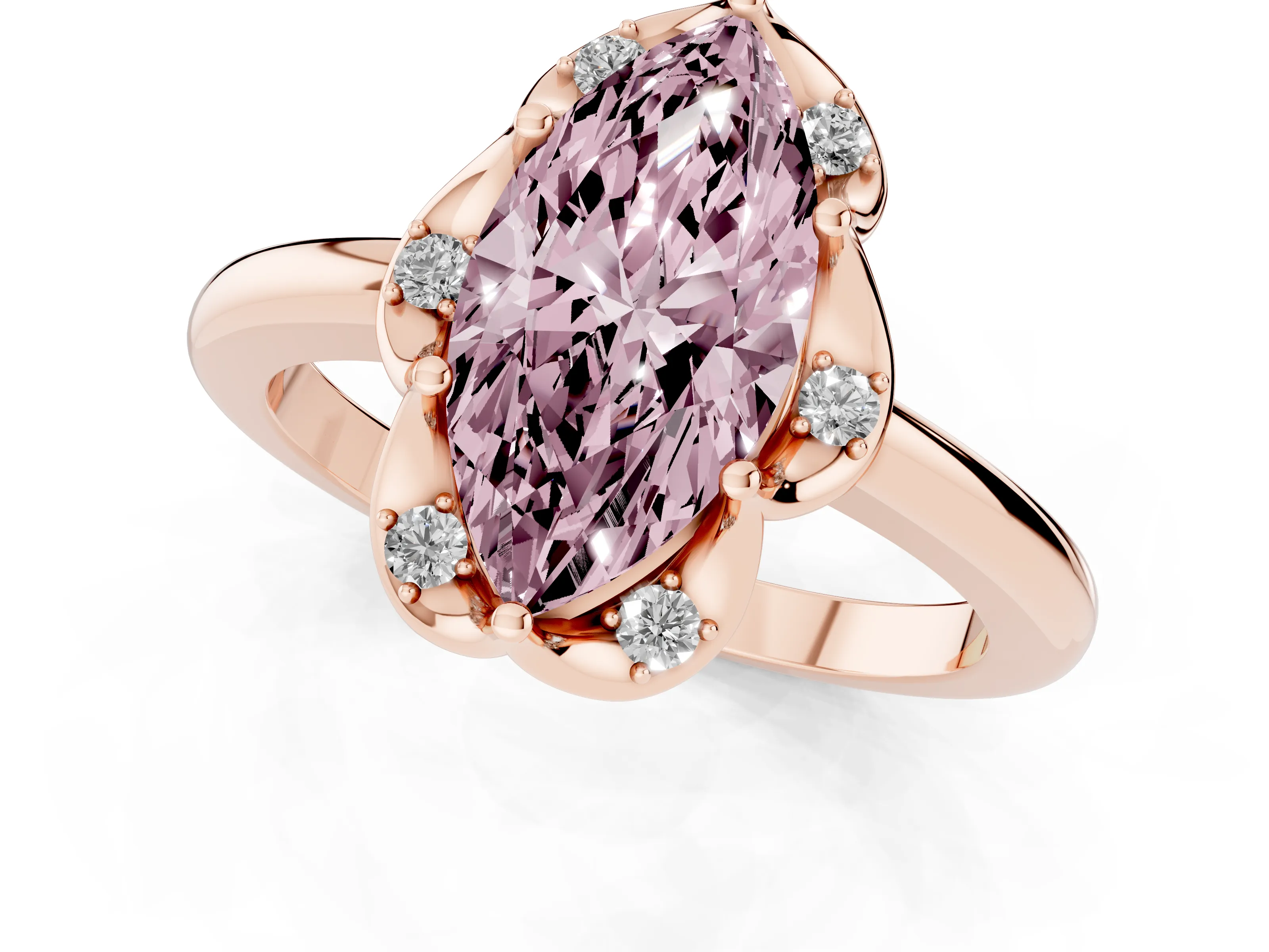 Fancy Pink Marquise Cut Diamond Round Cluster Halo Ring Set in Rose gold with Solitaire Band and Prong Setting