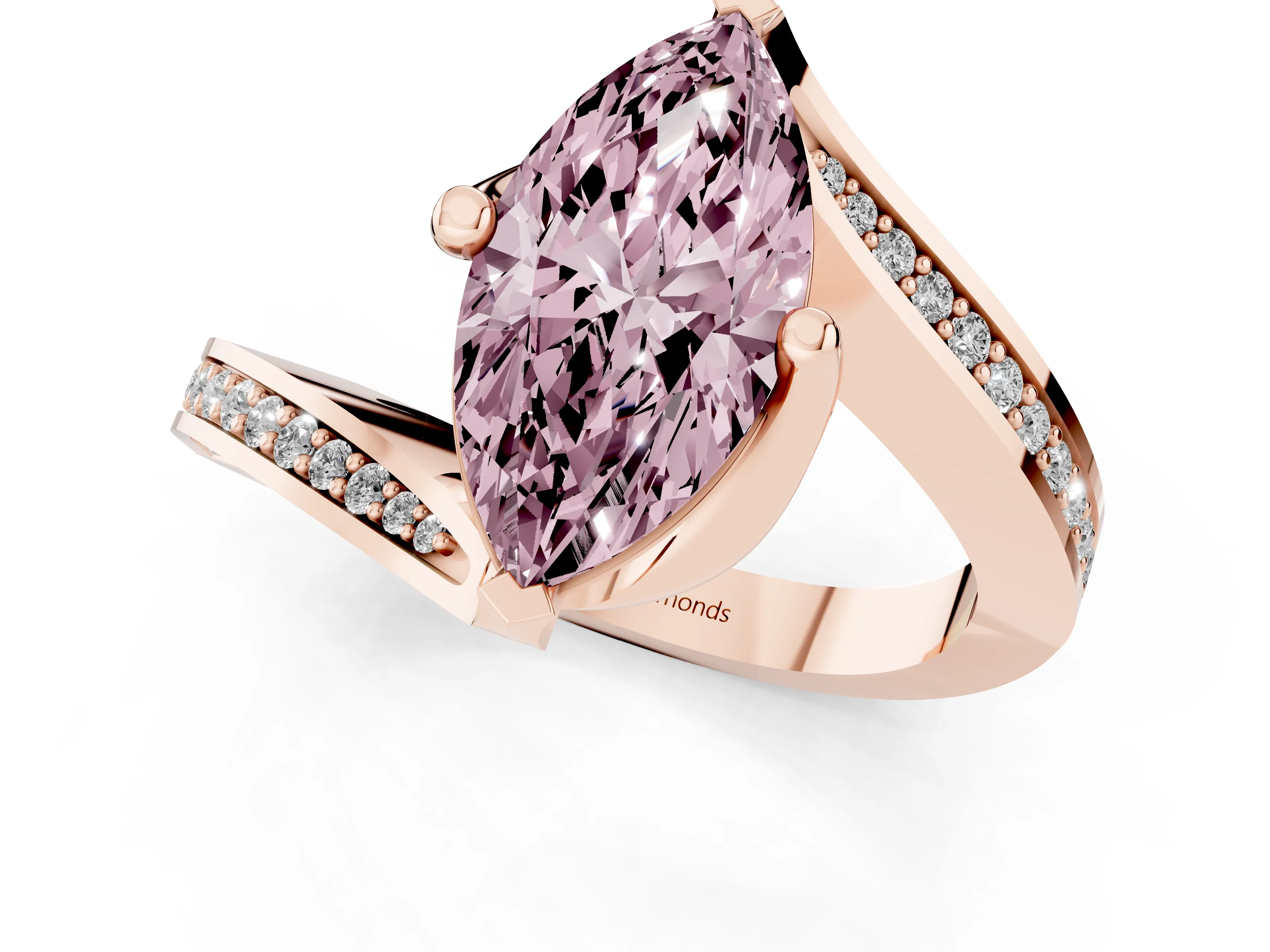 Fancy Pink Marquise Cut Diamond Solitaire Ring Set in Rose gold with Intertwined Pavé Twist Band