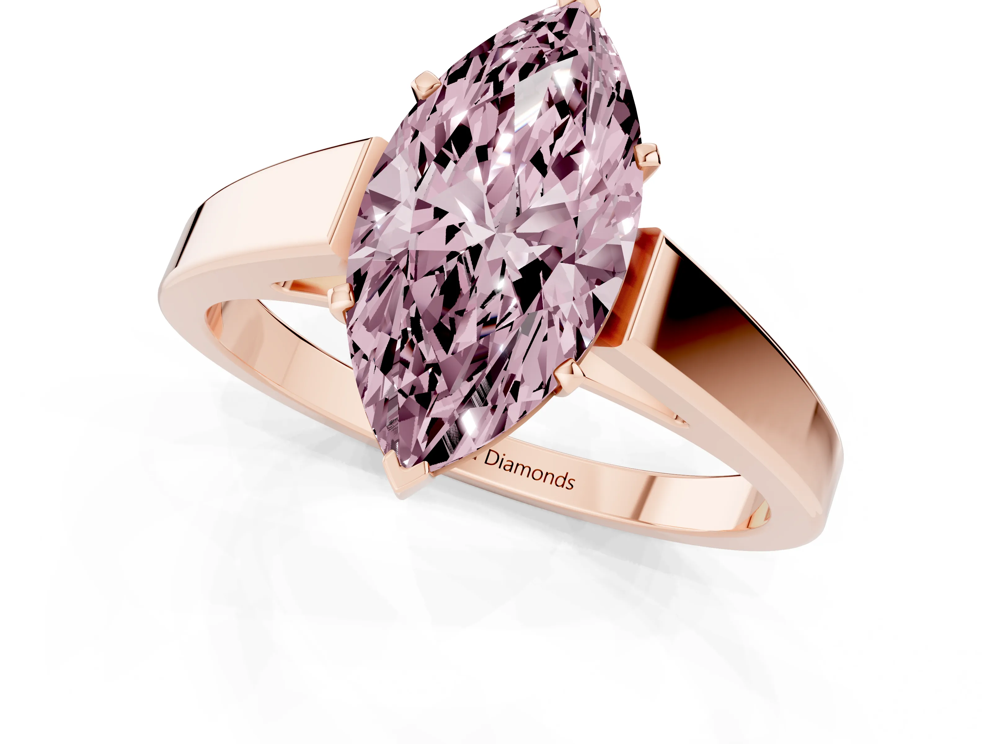 Fancy Pink Marquise Cut Diamond Solitaire Engagement Ring Set in Rose gold with Prong Setting and Tapered Band