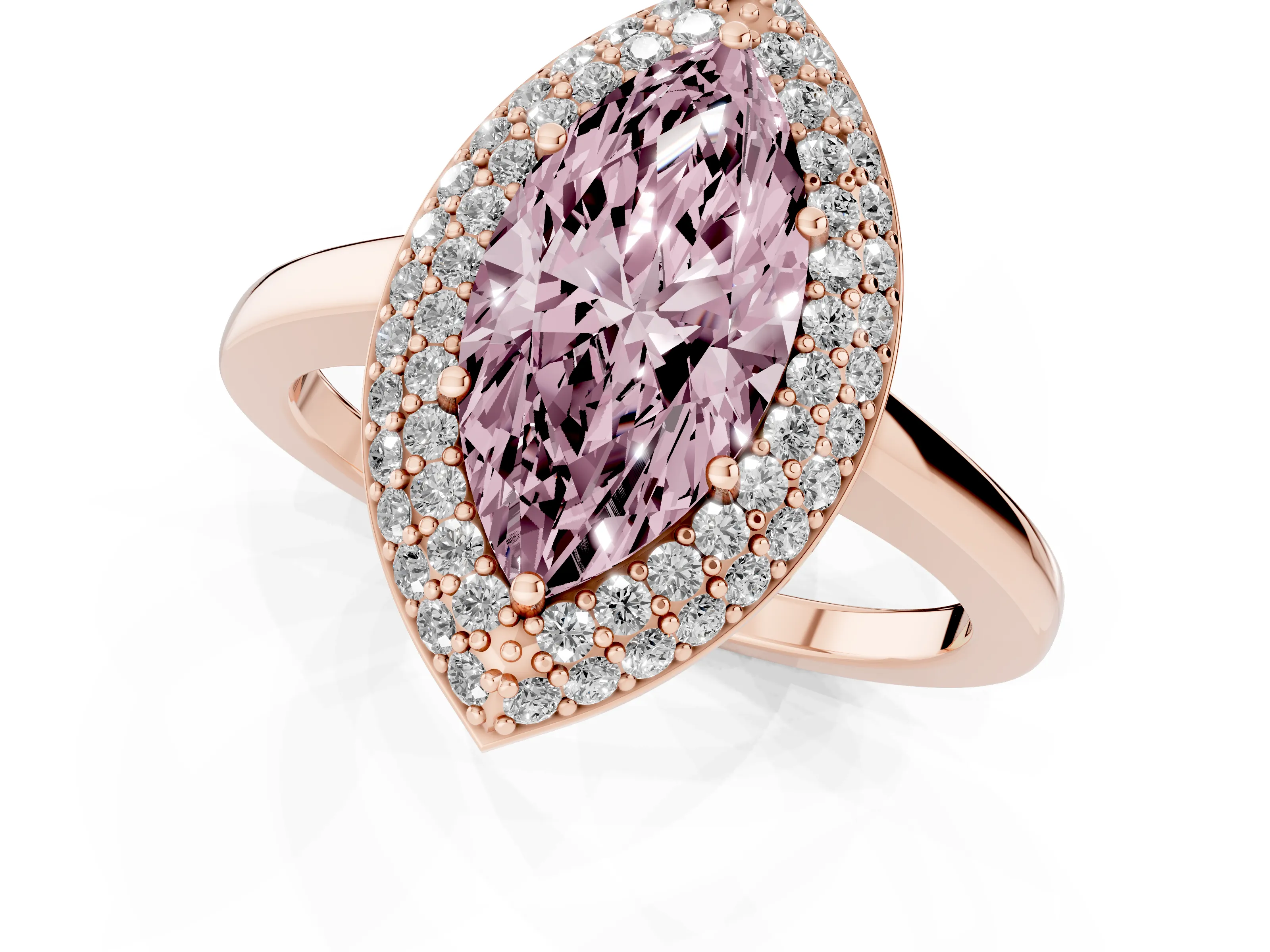 Fancy Pink Marquise Cut Diamond Halo Engagement Ring Set in Rose gold with Solitaire Band and Prong Setting