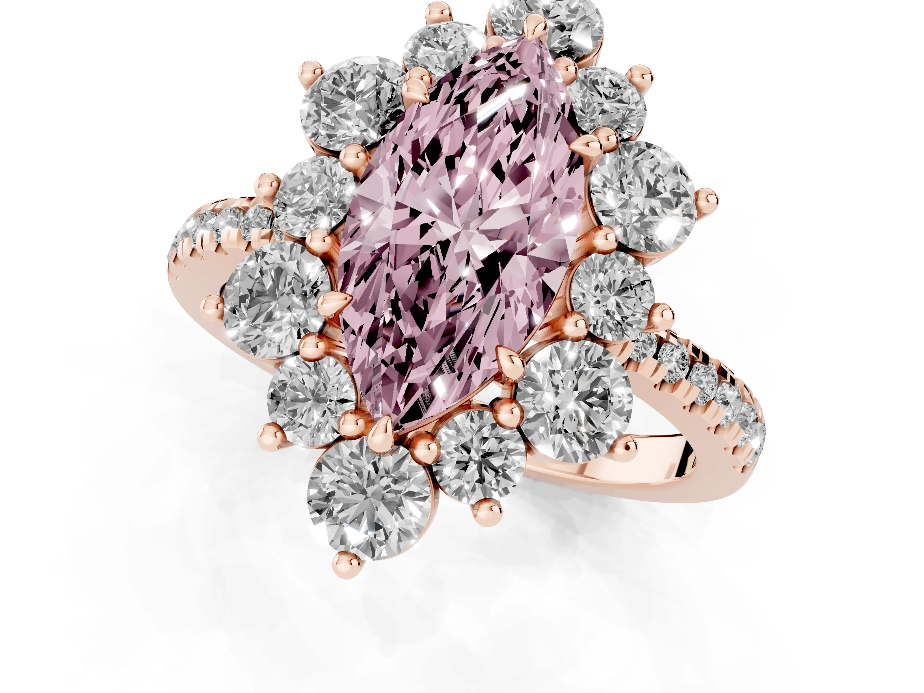 Fancy Pink Marquise Cut Diamond Floral Halo Ring Set in Rose gold with Round Pavé Band and Prong Setting – second view