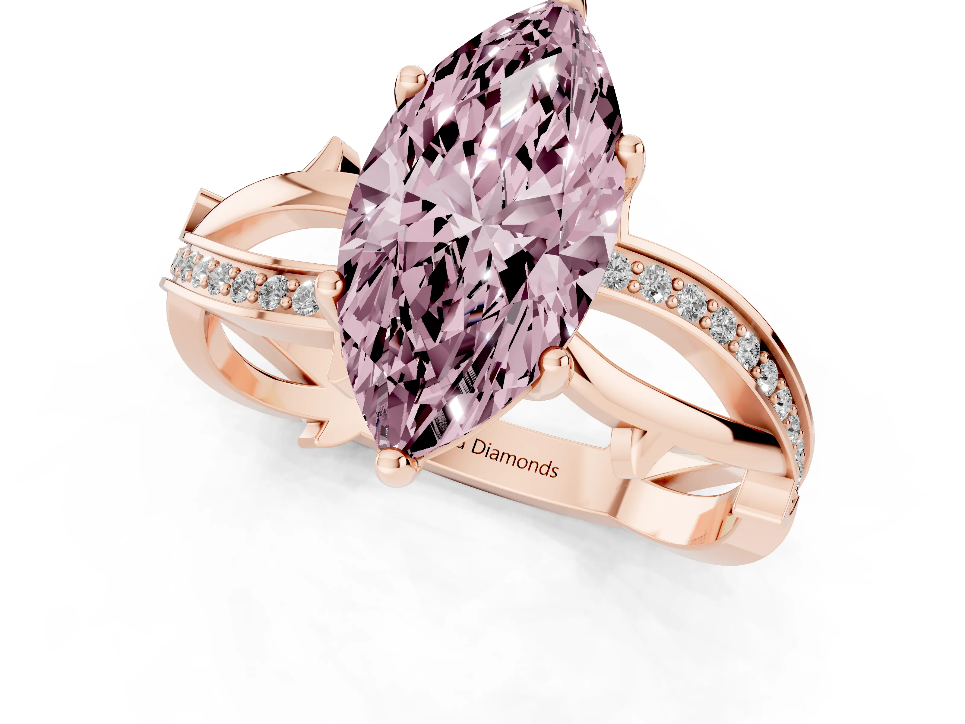 Fancy Pink Marquise Cut Diamond Pavé Twist Band Solitaire Ring Set in Rose gold with Prong Setting
