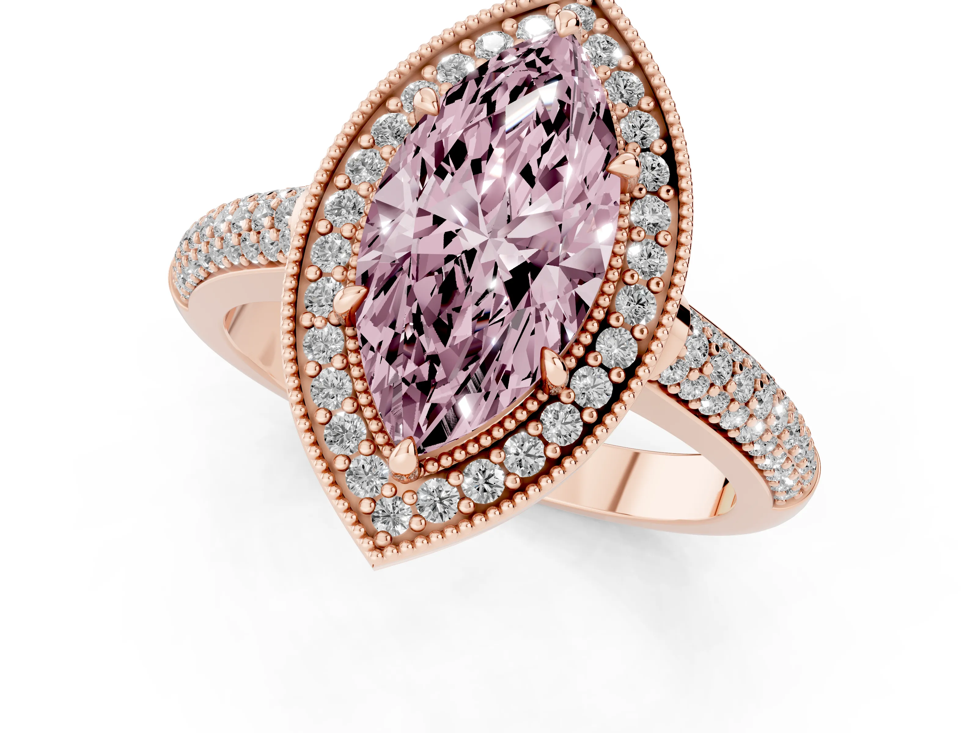 Fancy Pink Marquise Cut Diamond Halo Pavé Band Set in Rose gold with Prong Setting