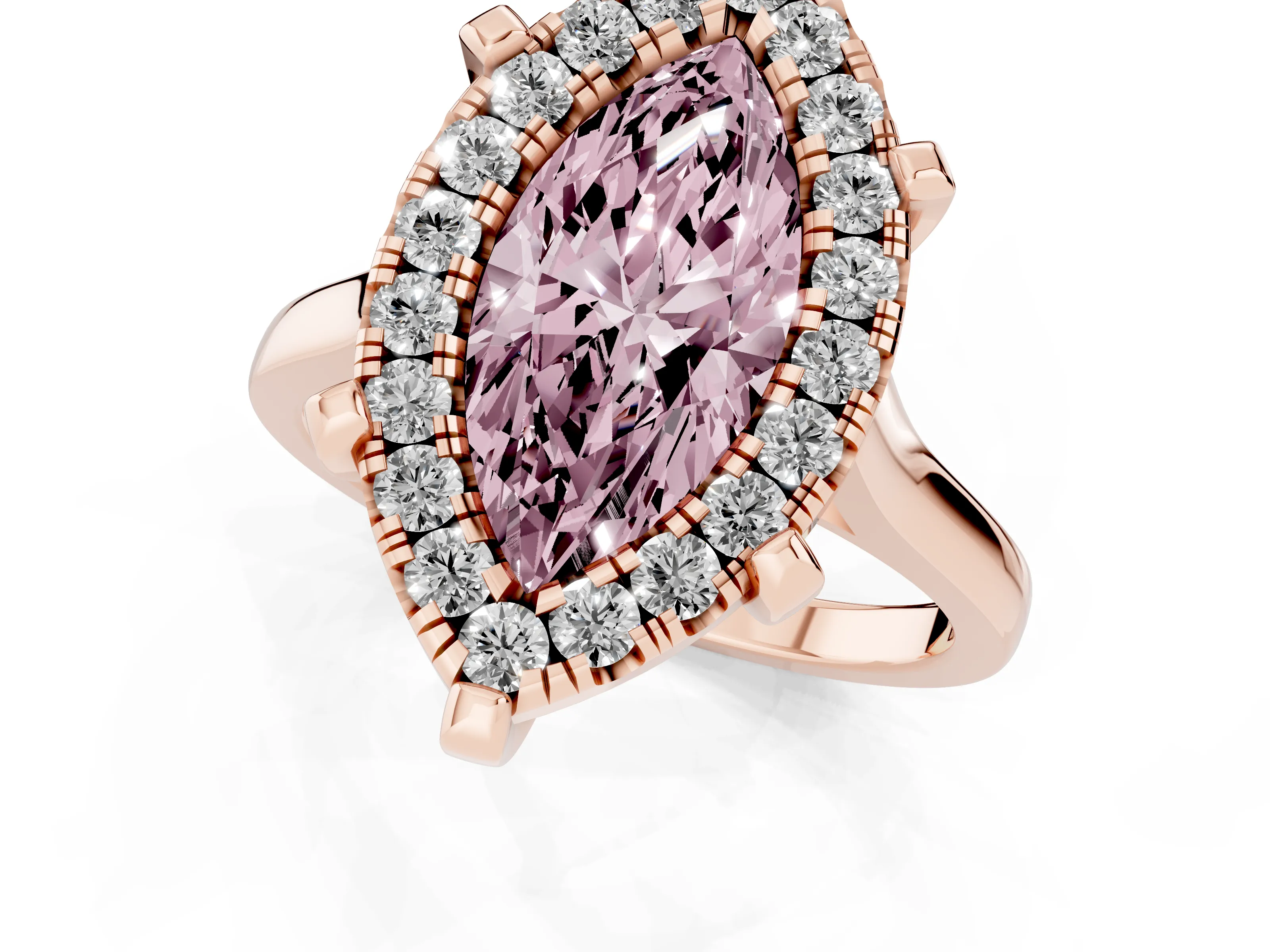 Fancy Pink Marquise Cut Diamond Cluster Halo Solitaire Ring Set in Rose gold with Prong Setting