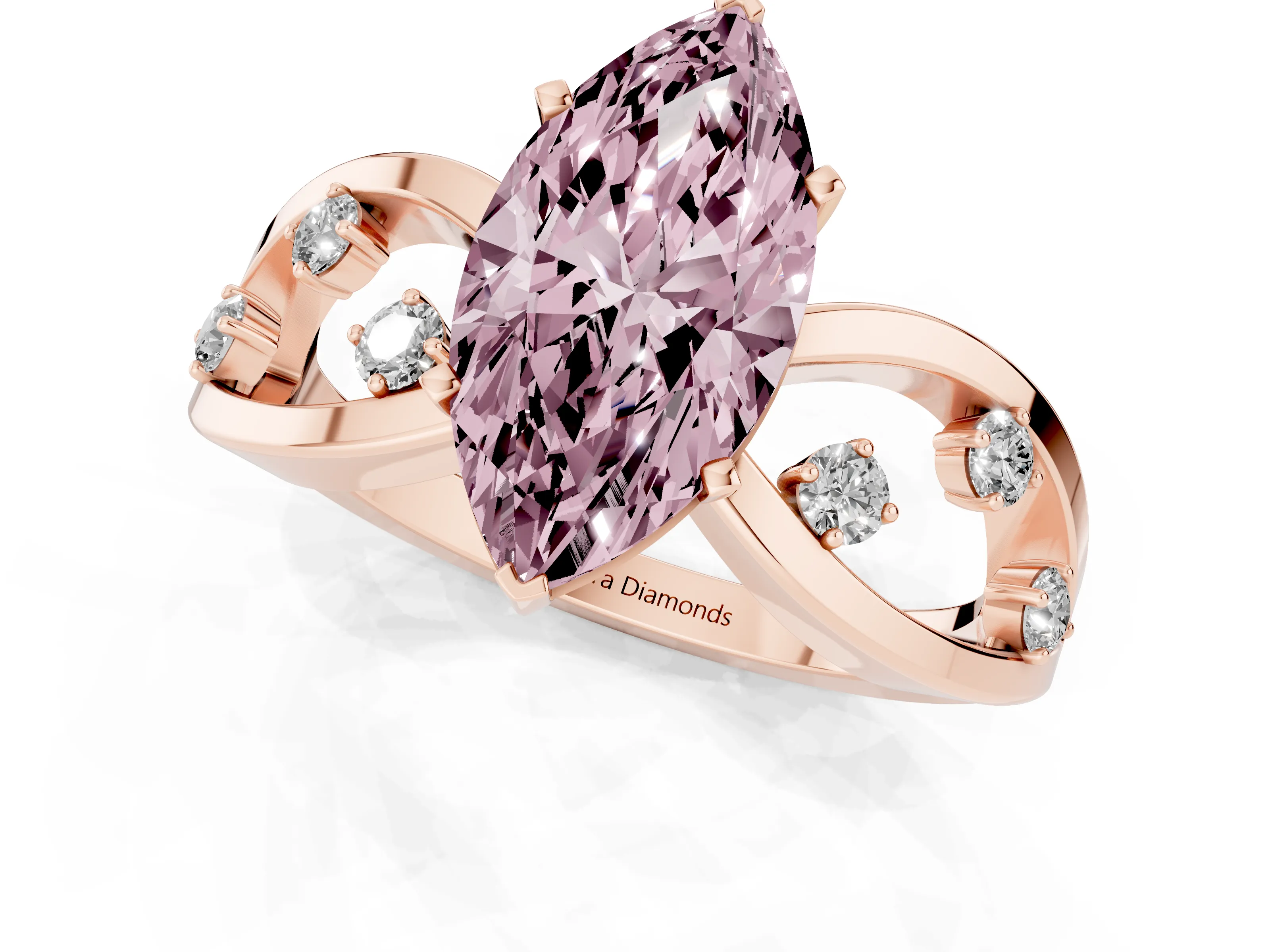 Fancy Pink Marquise Cut Diamond Solitaire Ring Set in Rose gold with Side Stones on Criss-Cross Band and Prong Setting