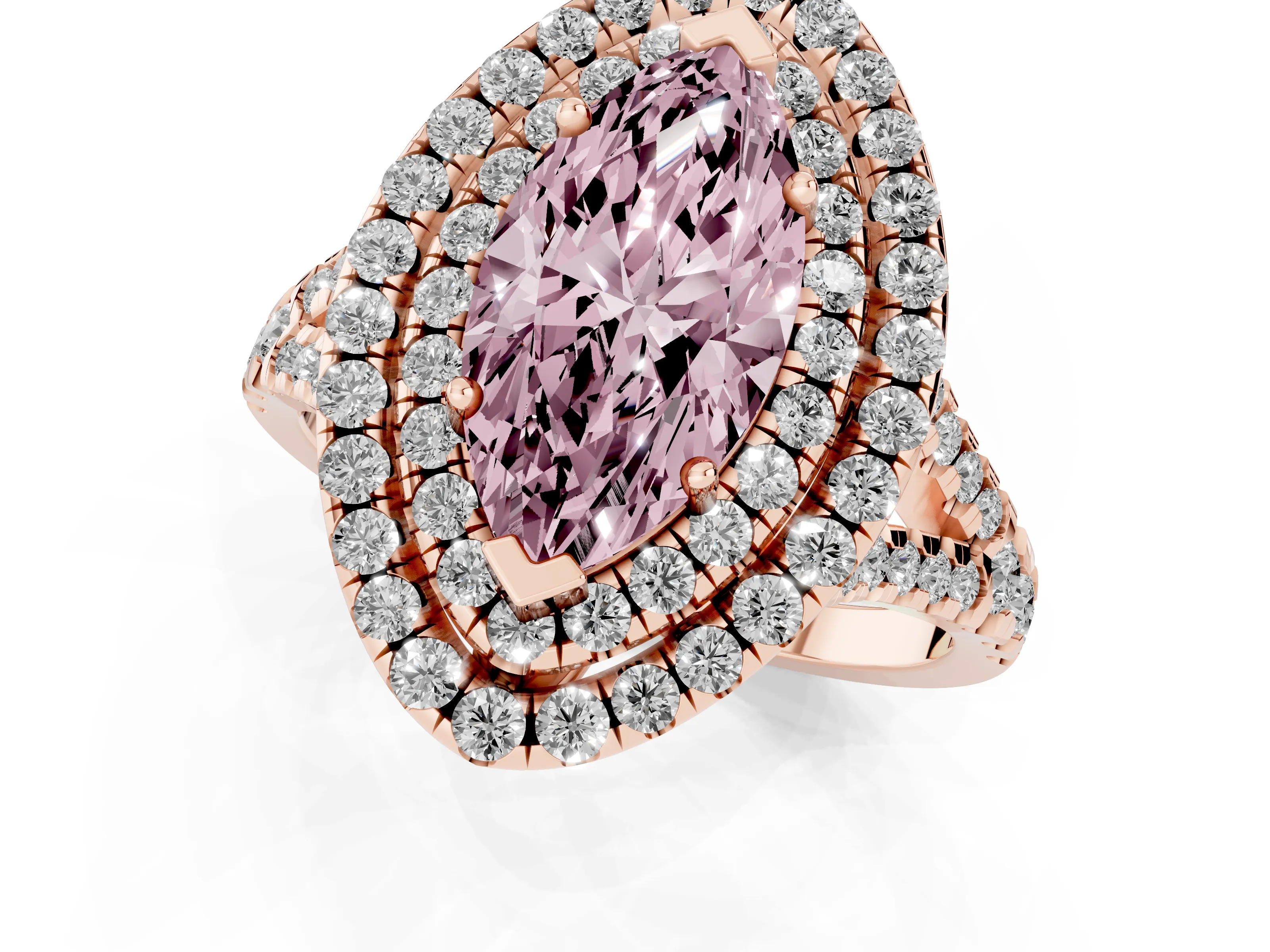 Fancy Pink Marquise Cut Diamond Double Halo Ring Set in Rose gold with Pavé Split Shank and Prong Setting