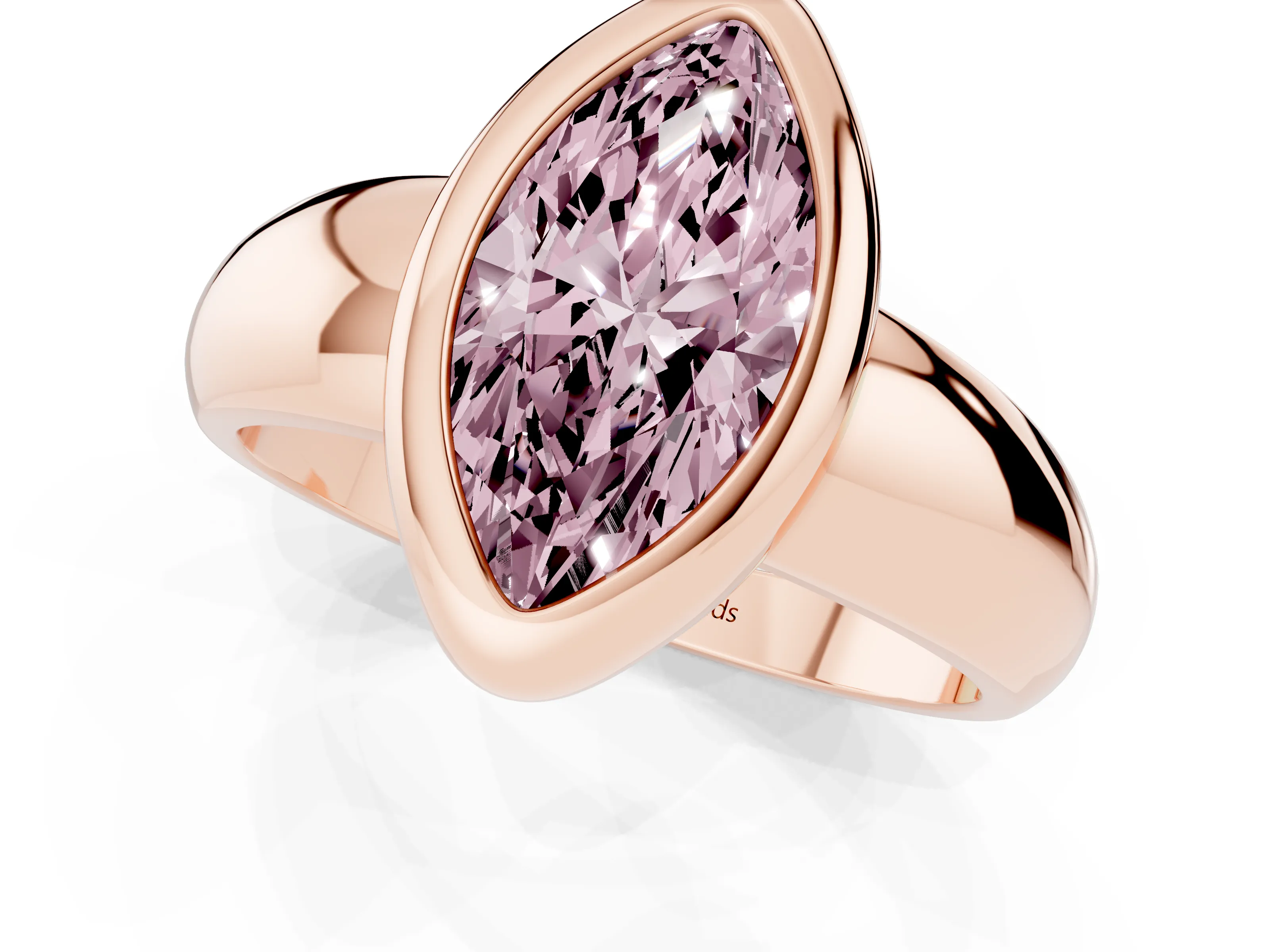 Fancy Pink Bezel Set Marquise Cut Diamond Solitaire Ring Set in Rose gold with Wide Band