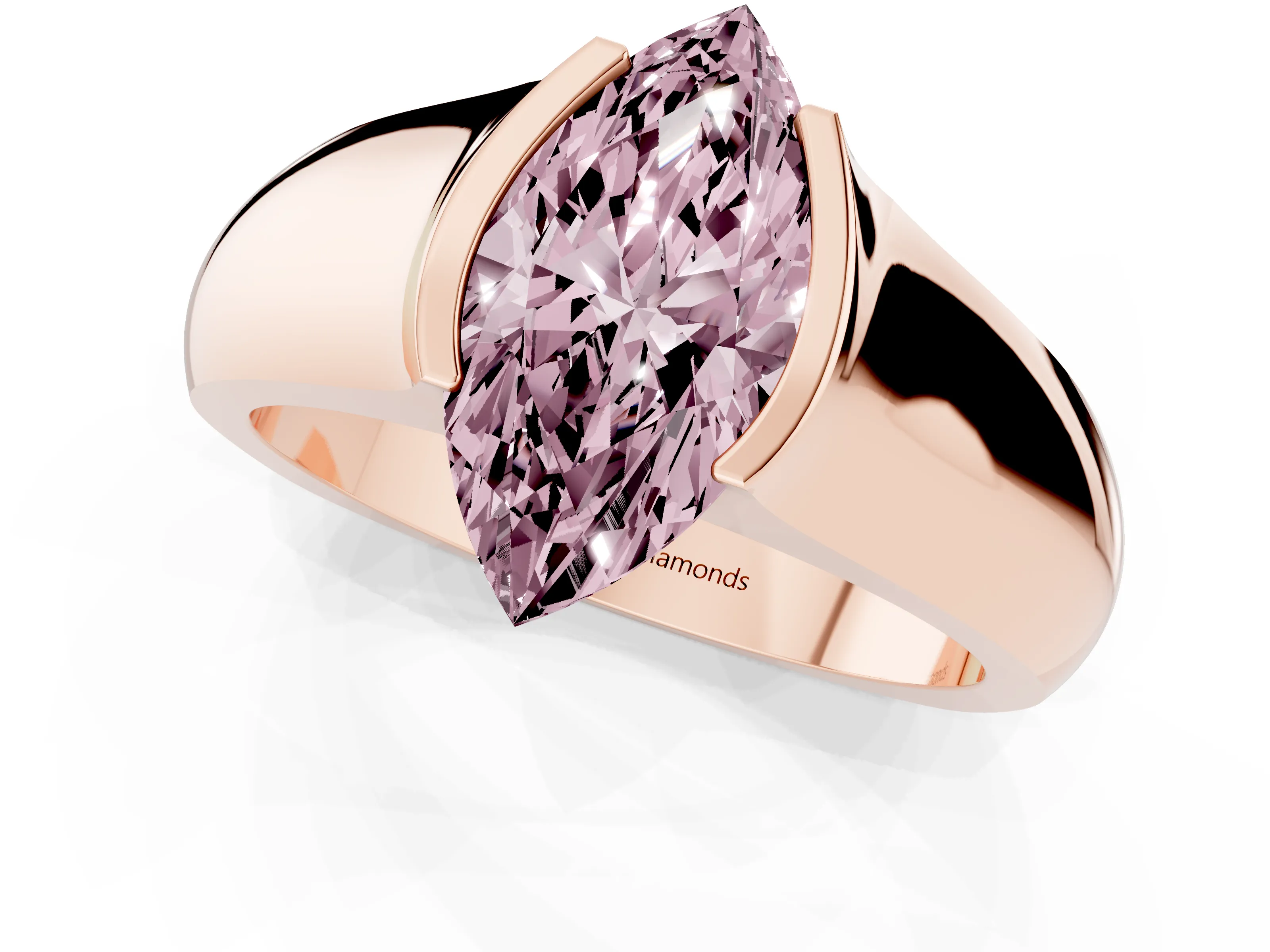 Fancy Pink Marquise Cut Diamond Bezel Solitaire Ring Set in Rose gold with Wide Band