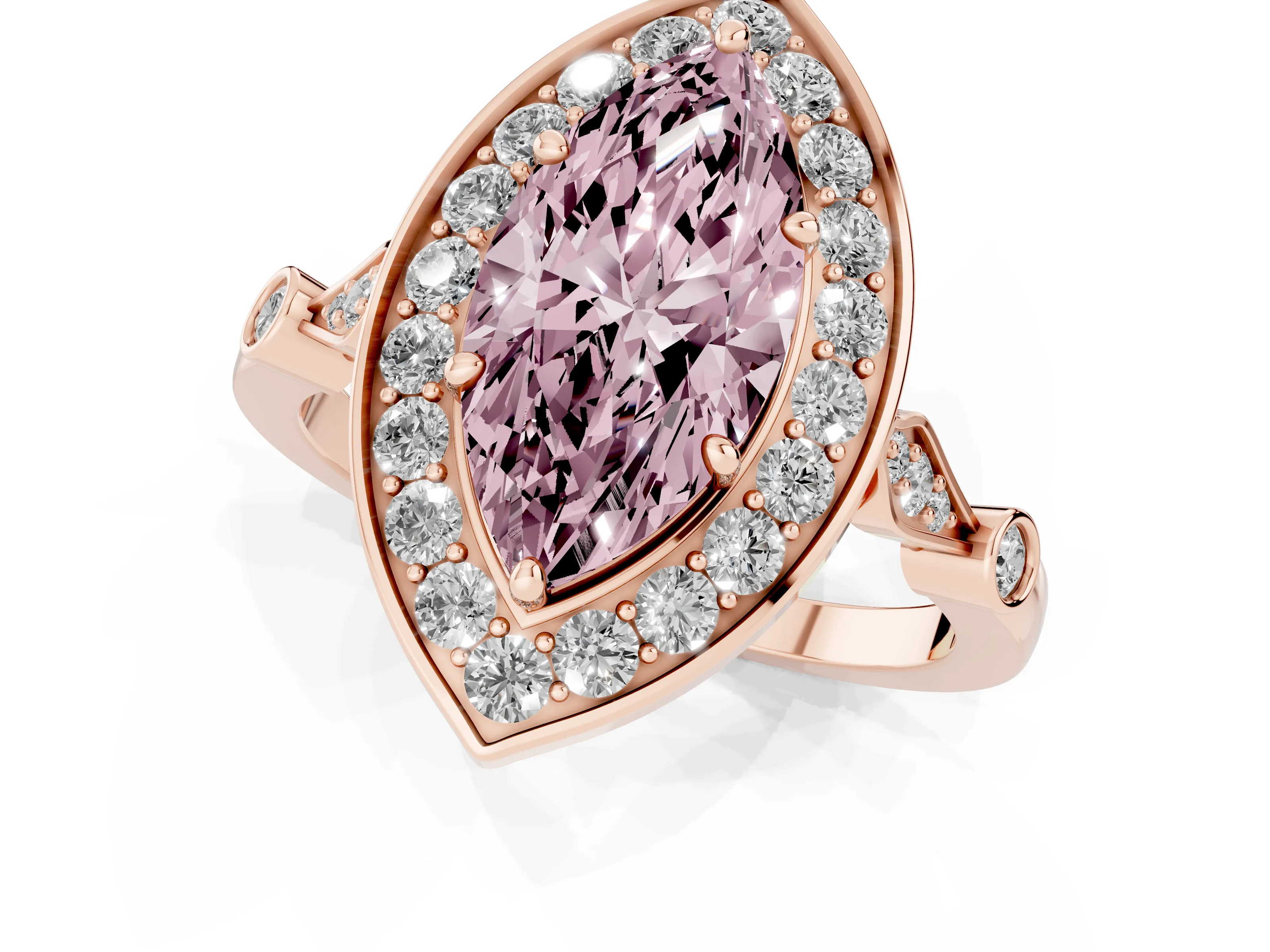 Fancy Pink Marquise Cut Diamond Halo Engagement Ring Set in Rose gold with Twisted Band and Prong Setting