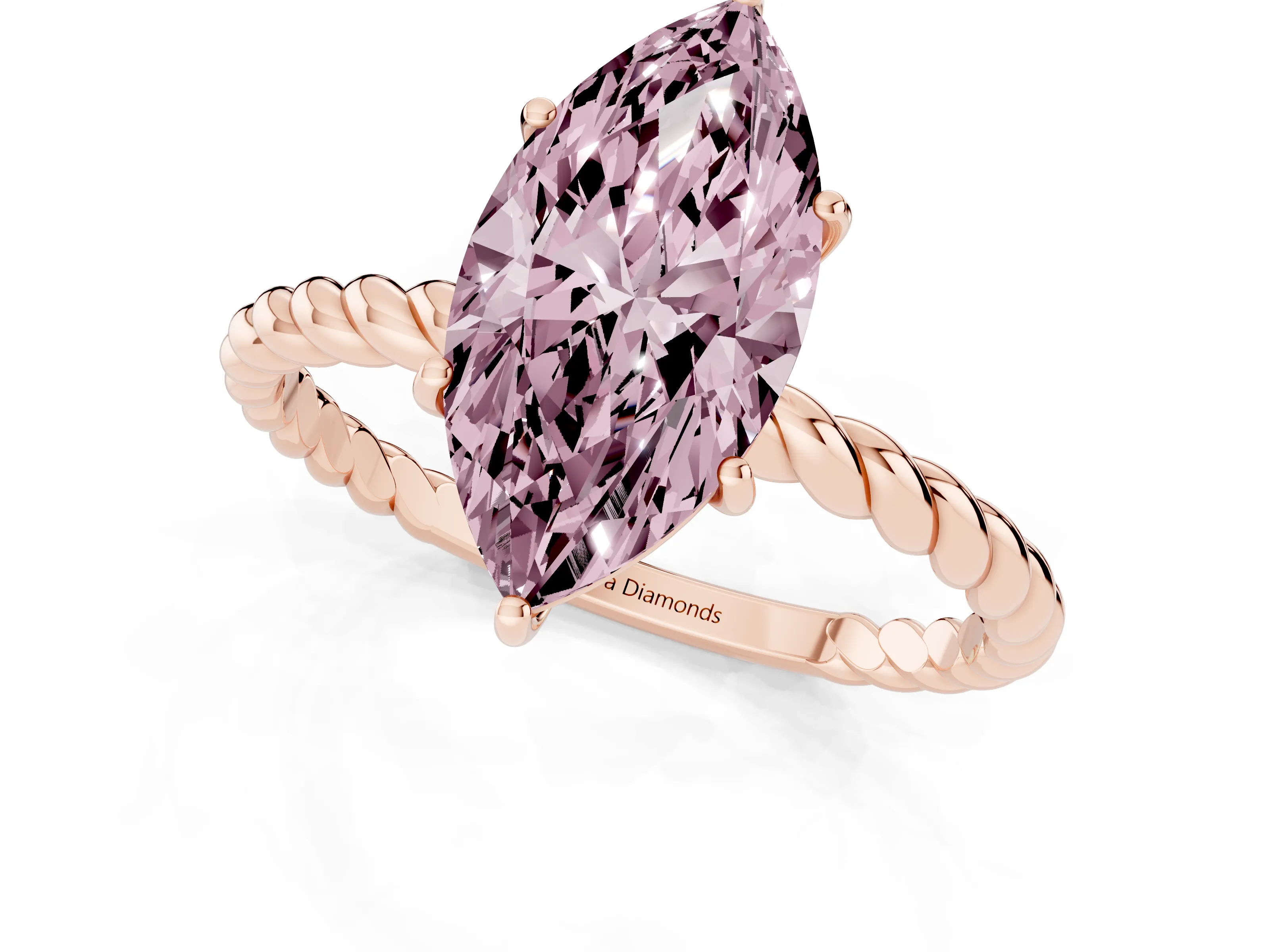 Fancy Pink Marquise Cut Diamond Solitaire Ring Set in Rose gold with Twist Band and Prong Setting