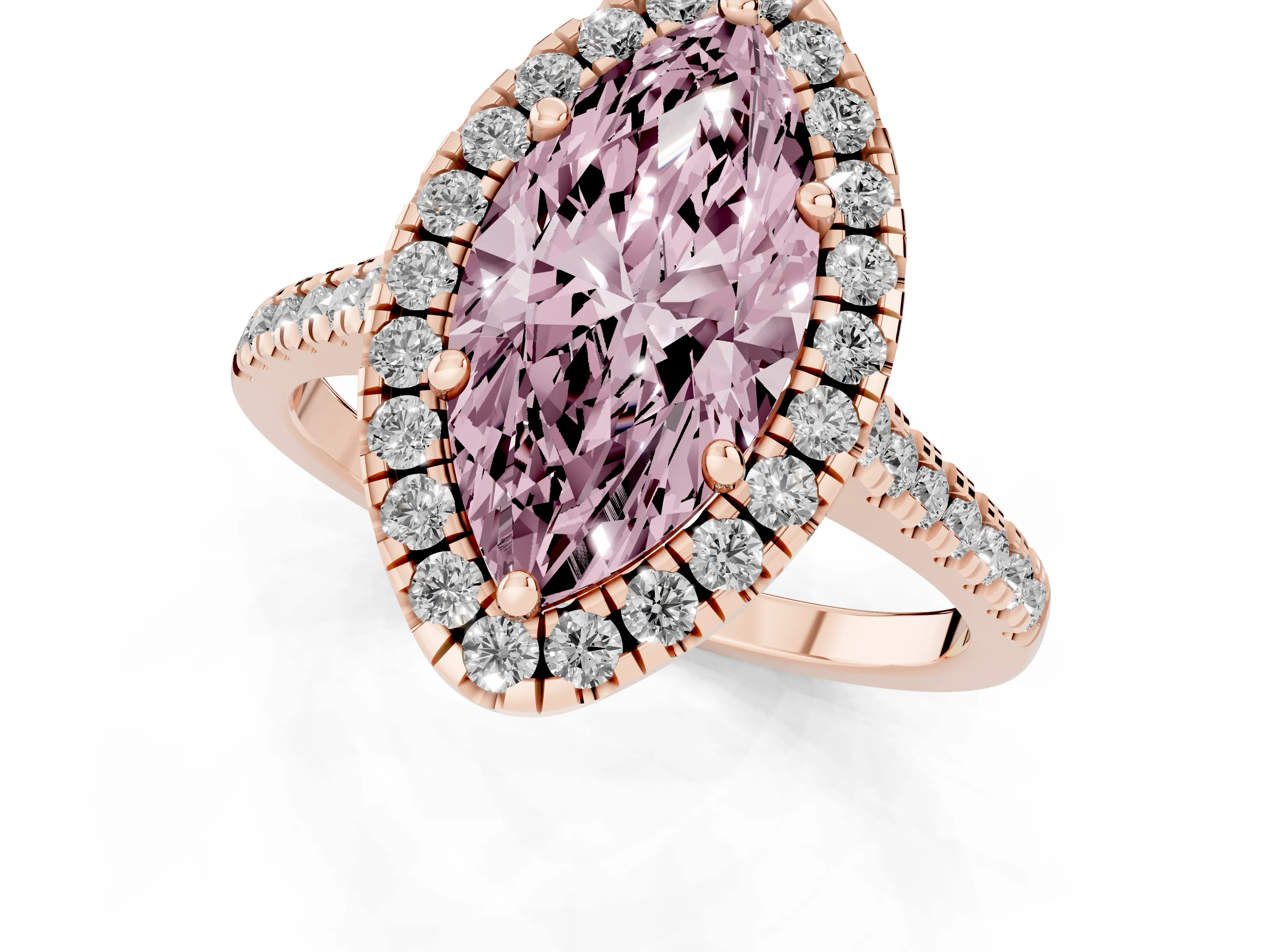 Fancy Pink Marquise Cut Diamond Cushion Halo Ring Set in Rose gold with Pavé Band