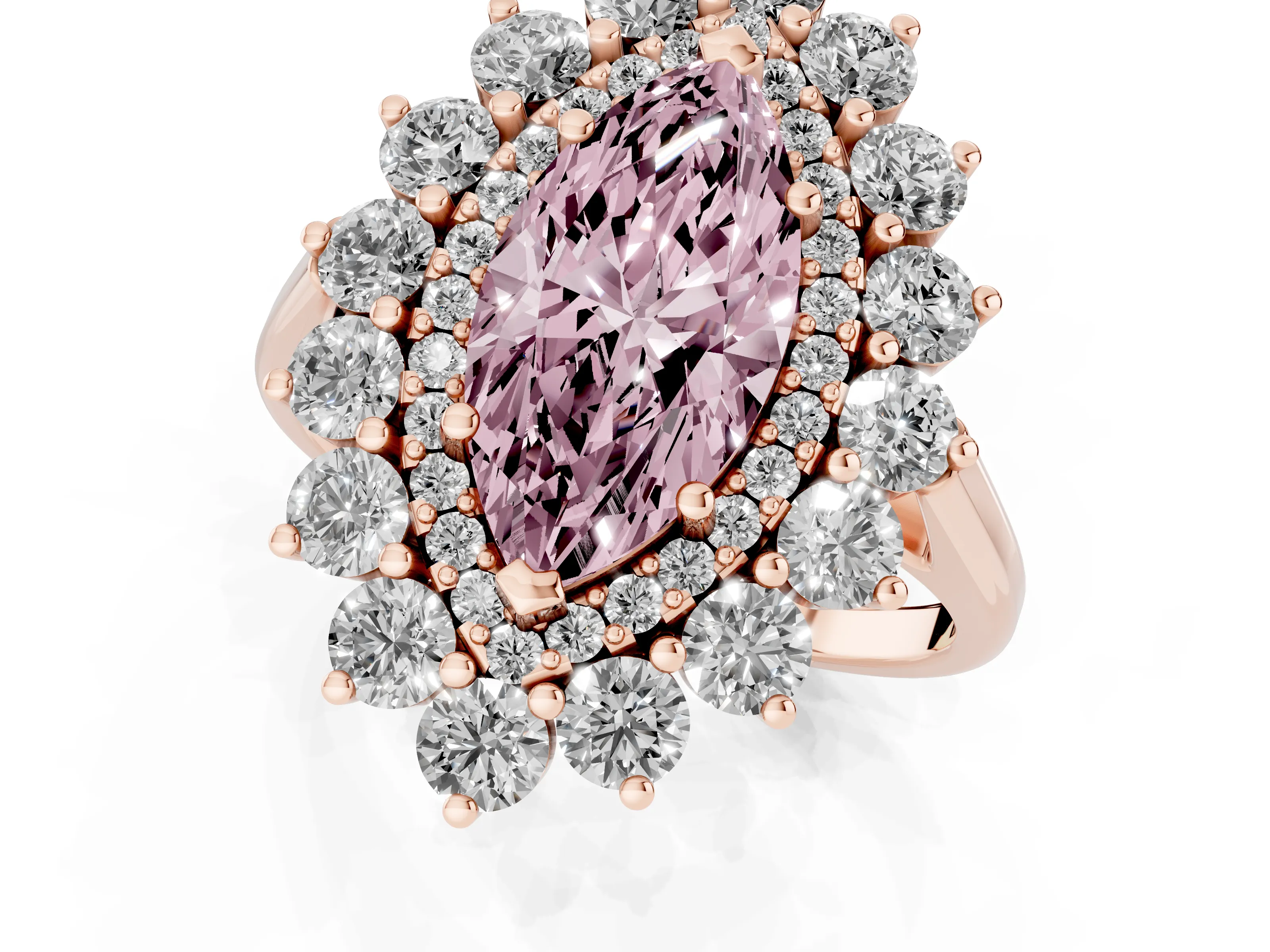Fancy Pink Marquise Cut Diamond Floral Double Halo Ring Set in Rose gold with Round Petals