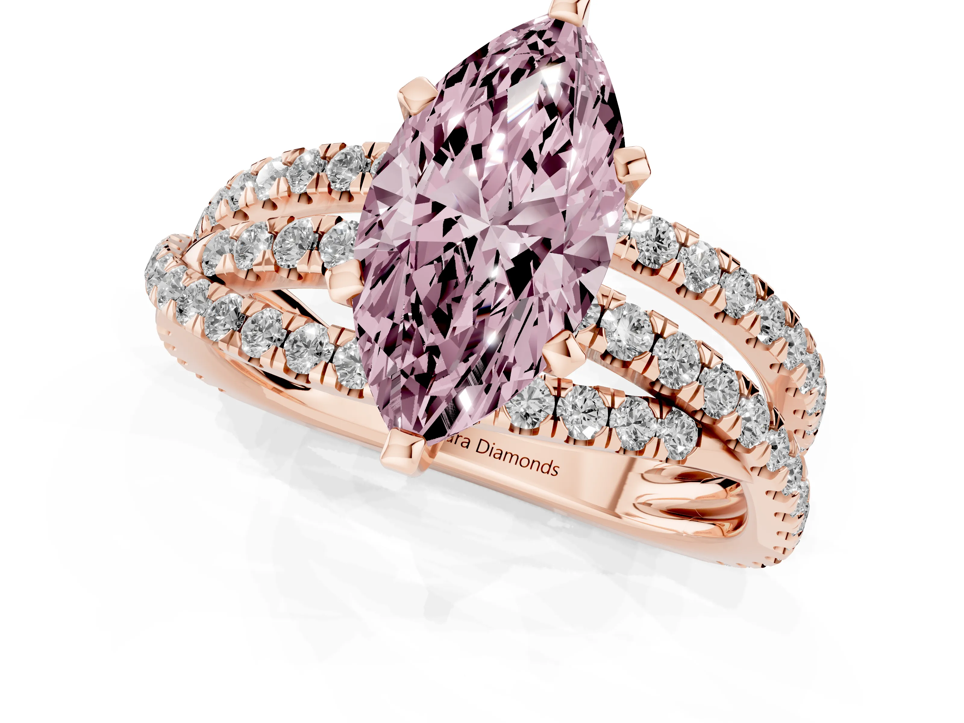 Fancy Pink Marquise Cut Diamond Solitaire Twist Band Ring Set in Rose gold with Pavé Setting and Prong Head