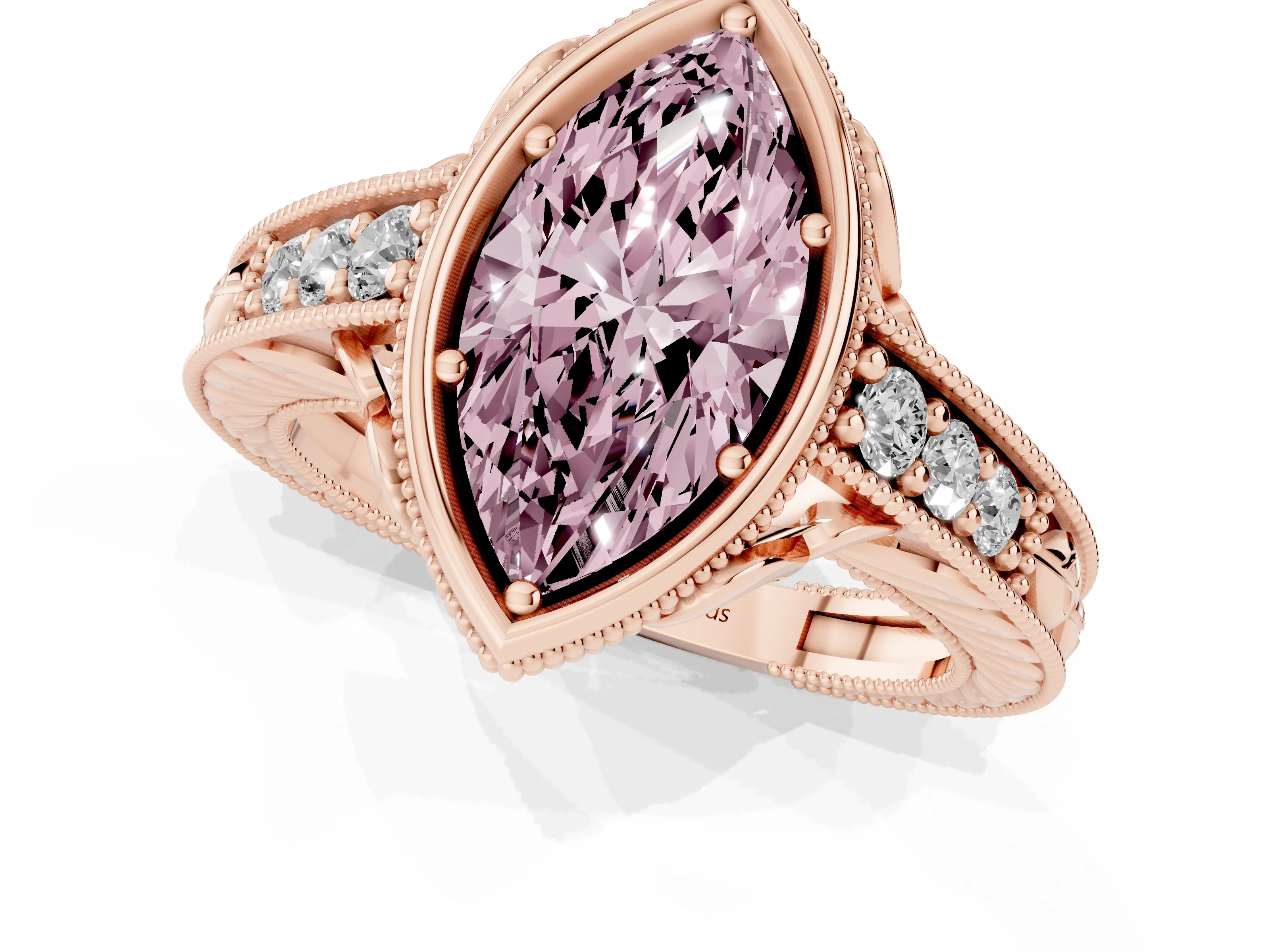 Fancy Pink Bezel Set Marquise Cut Diamond Milgrain Pavé Engagement Ring Set in Rose gold