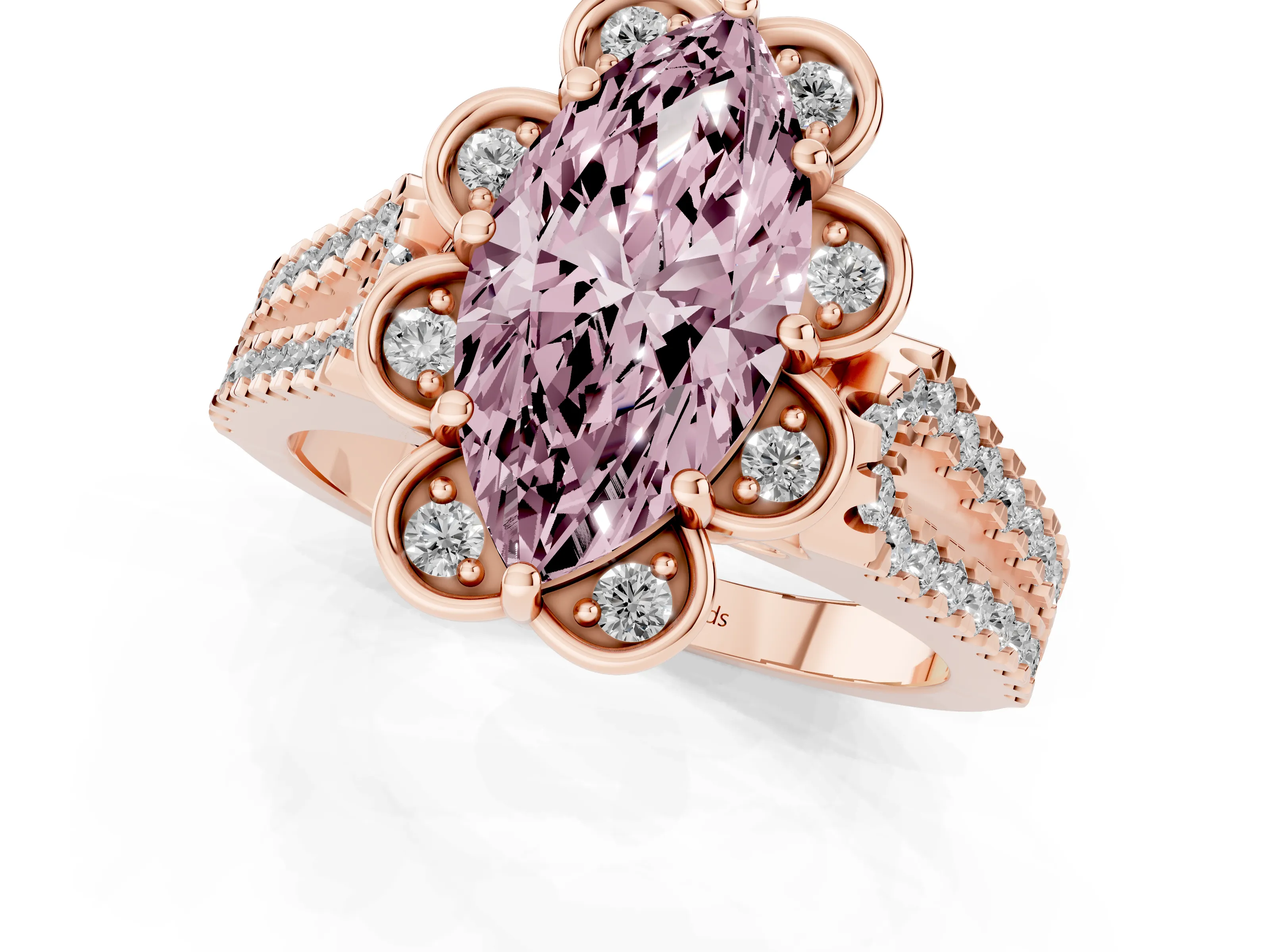 Fancy Pink Marquise Cut Diamond Floral Halo Split Shank Engagement Ring Set in Rose gold with Pavé Shank