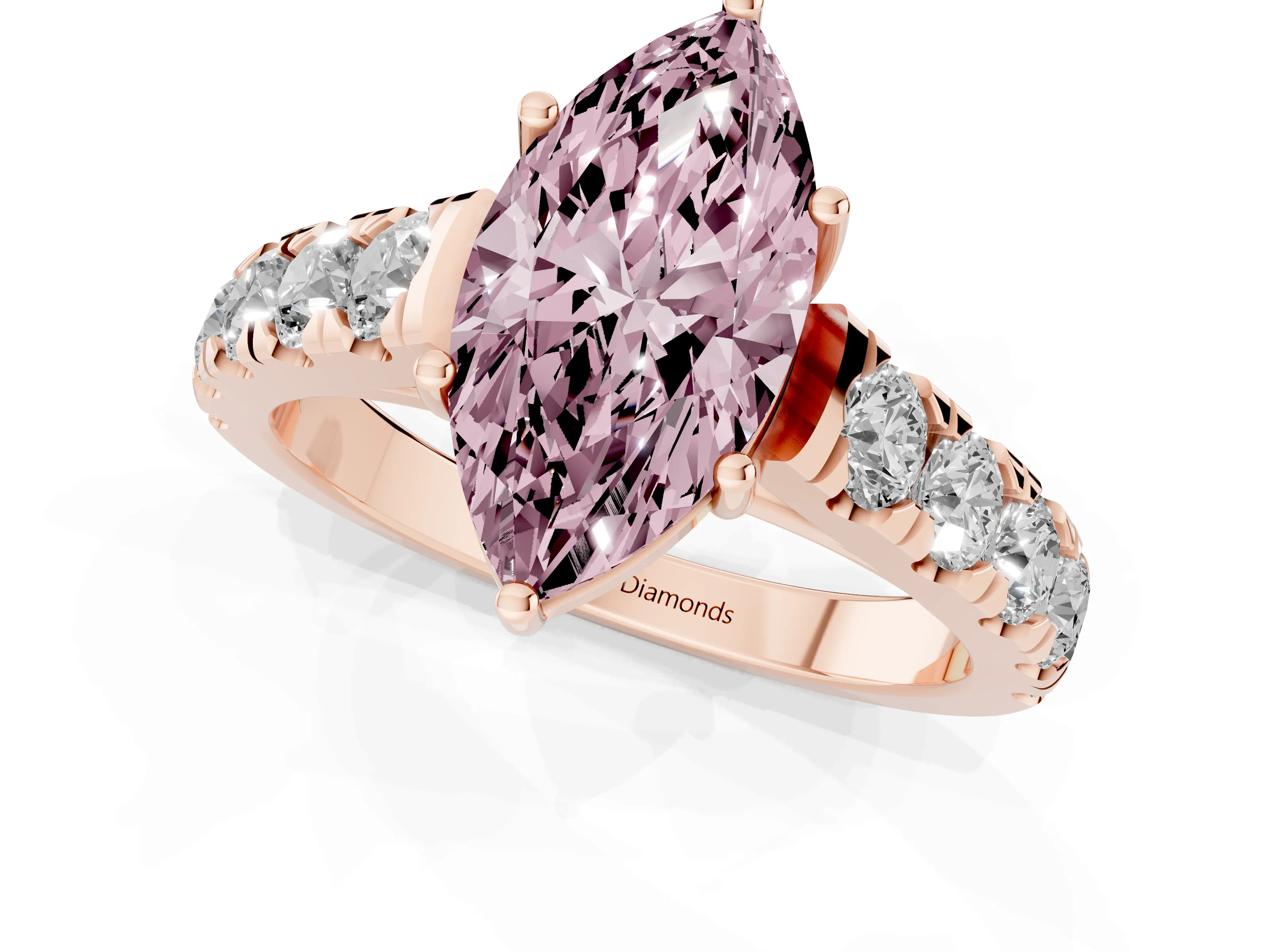 Fancy Pink Marquise Cut Diamond Solitaire Ring Set in Rose gold with Cut-Down Micro Pavé Band and Prong Setting
