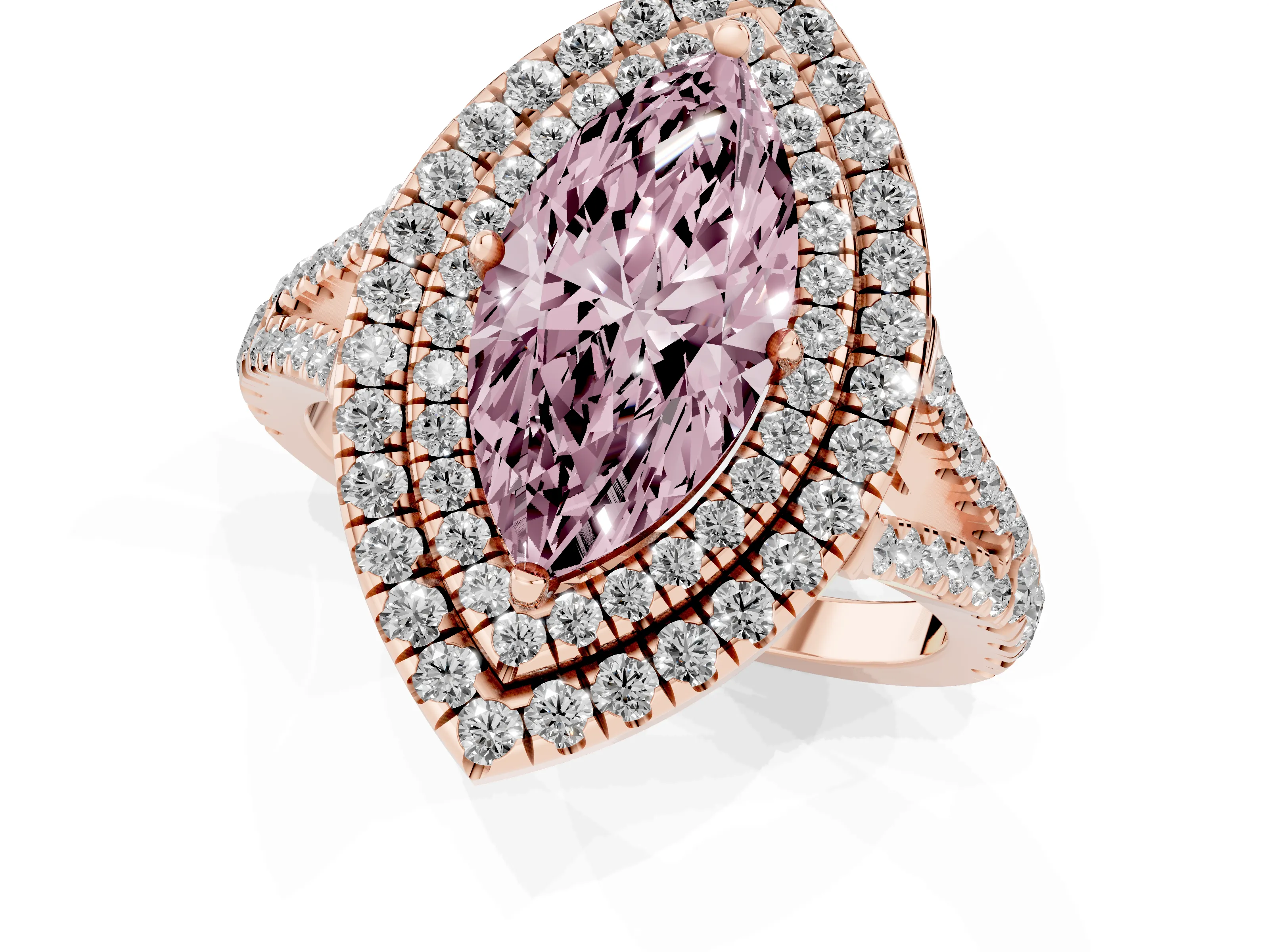 Fancy Pink Marquise Cut Diamond Double Halo Ring Set in Rose gold with Pavé Band