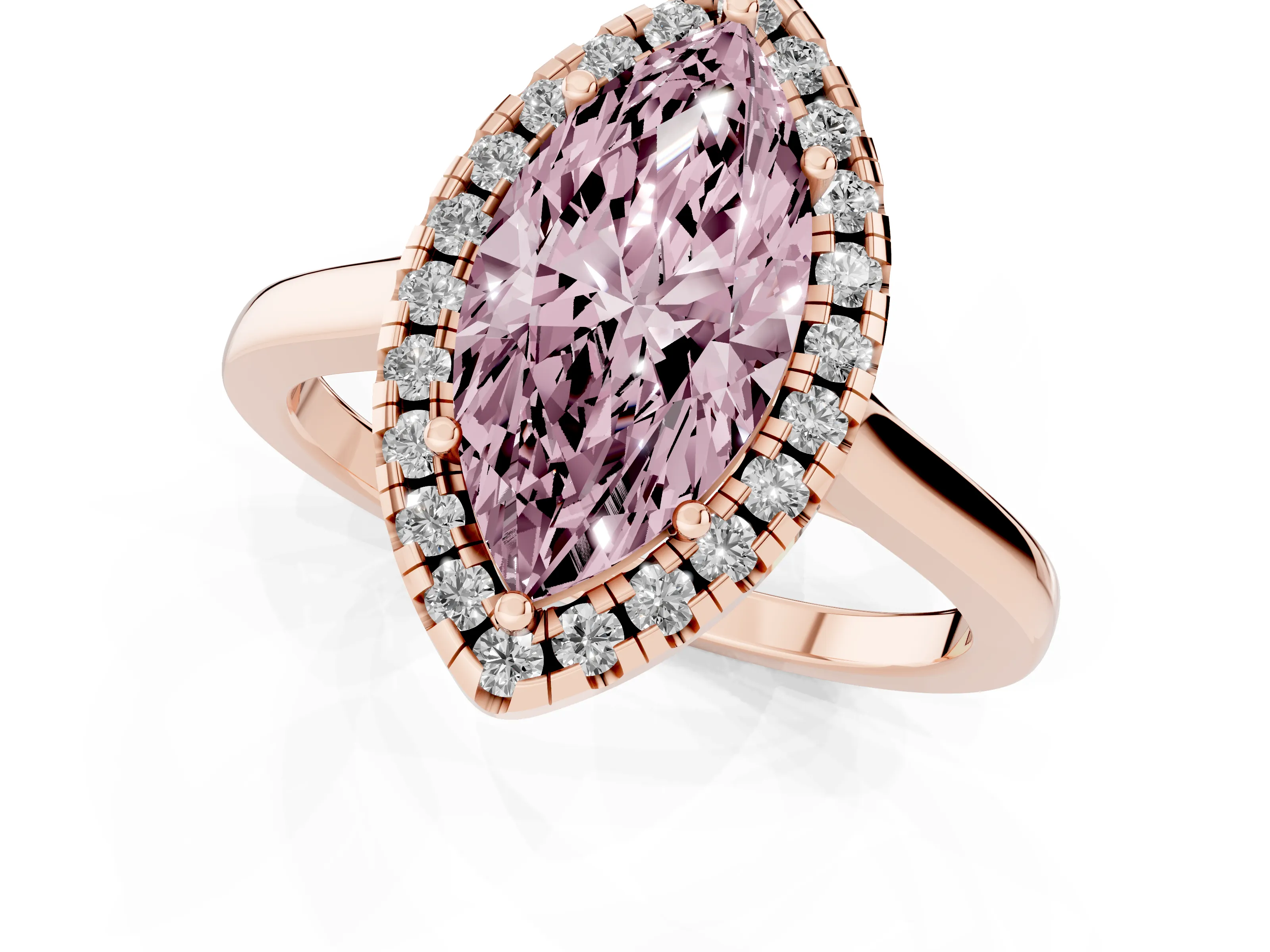 Fancy Pink Marquise Cut Halo Round Diamond Solitaire Ring Set in Rose gold with Pavé Band and Prong Setting