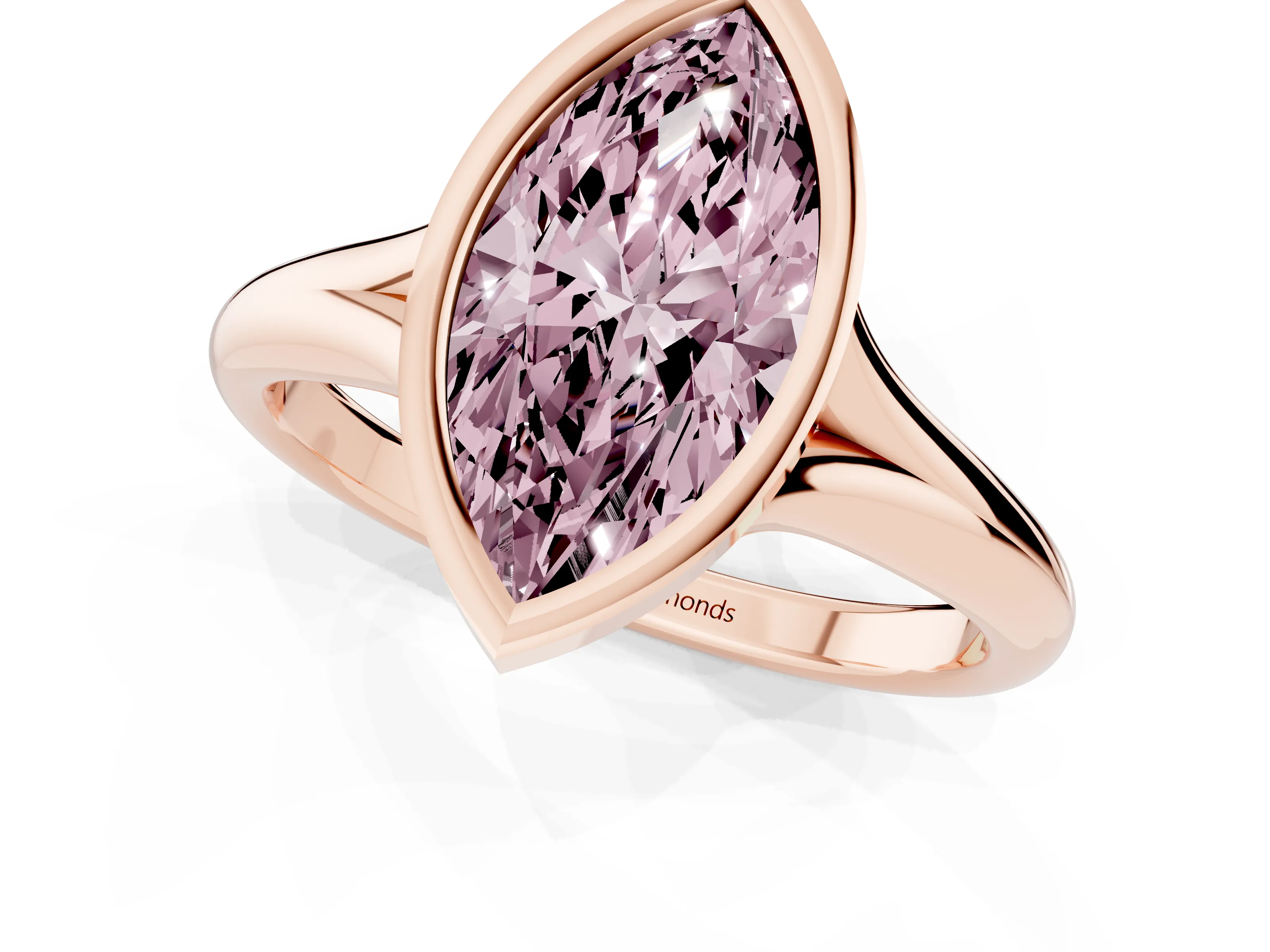 Fancy Pink Bezel Set Marquise Cut Diamond Solitaire Ring Set in Rose gold with Smooth Band