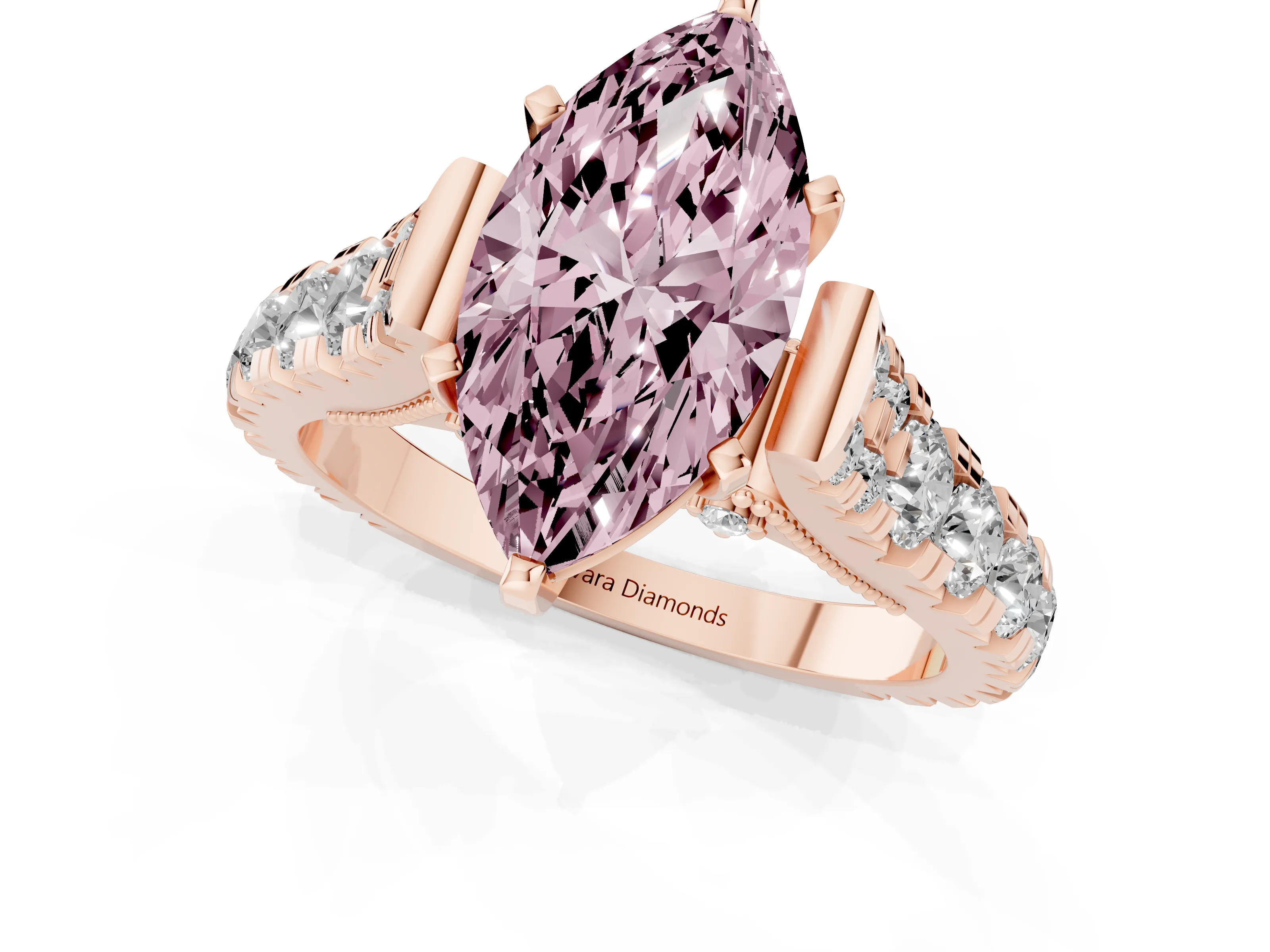 Fancy Pink Marquise Cut Diamond Classic Solitaire Ring Set in Rose gold with Pavé Band and Prong Setting