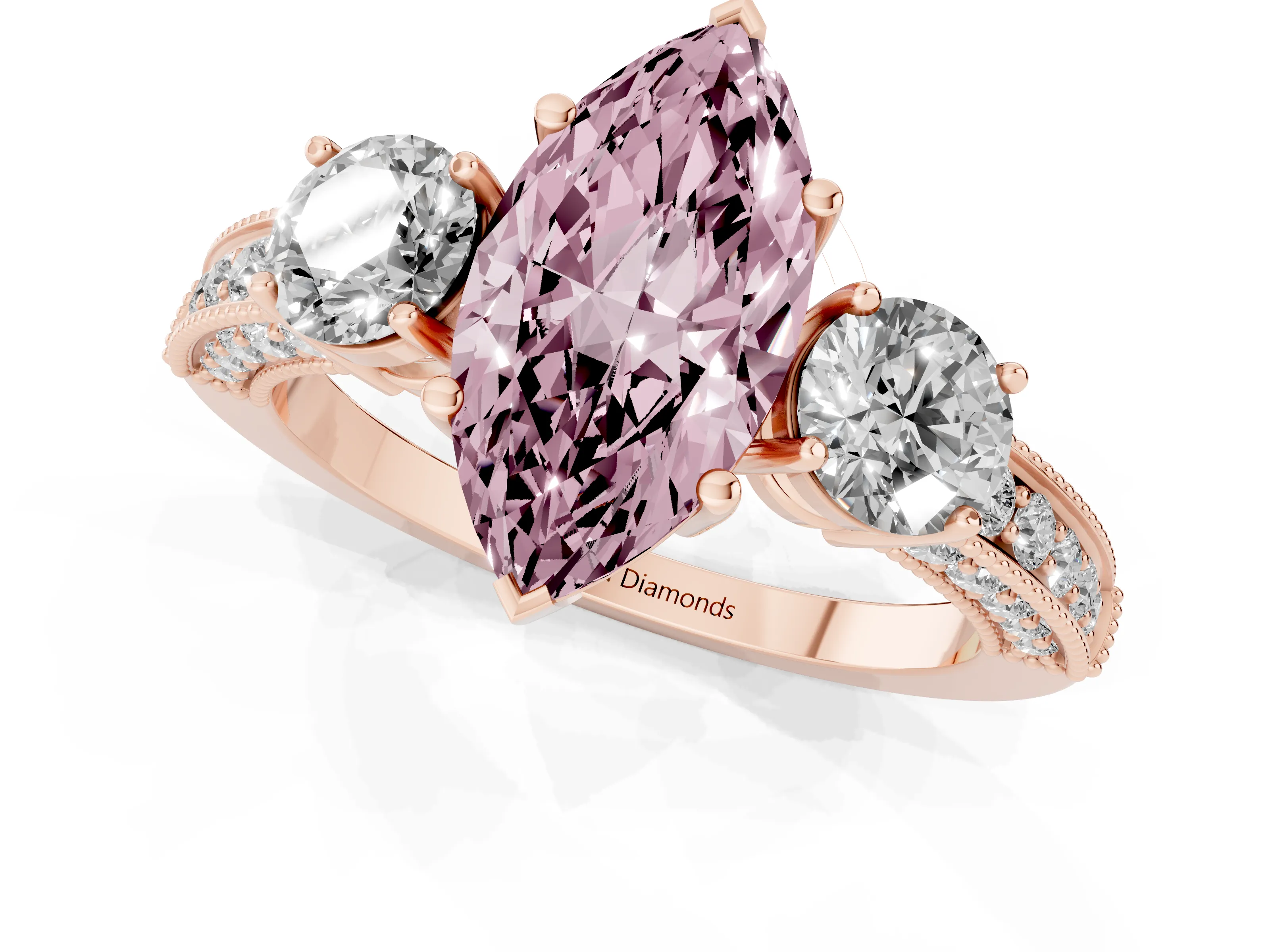 Fancy Pink Marquise Cut Diamond Three-Stone Ring Set in Rose gold with Round Side Stones and Pavé Band