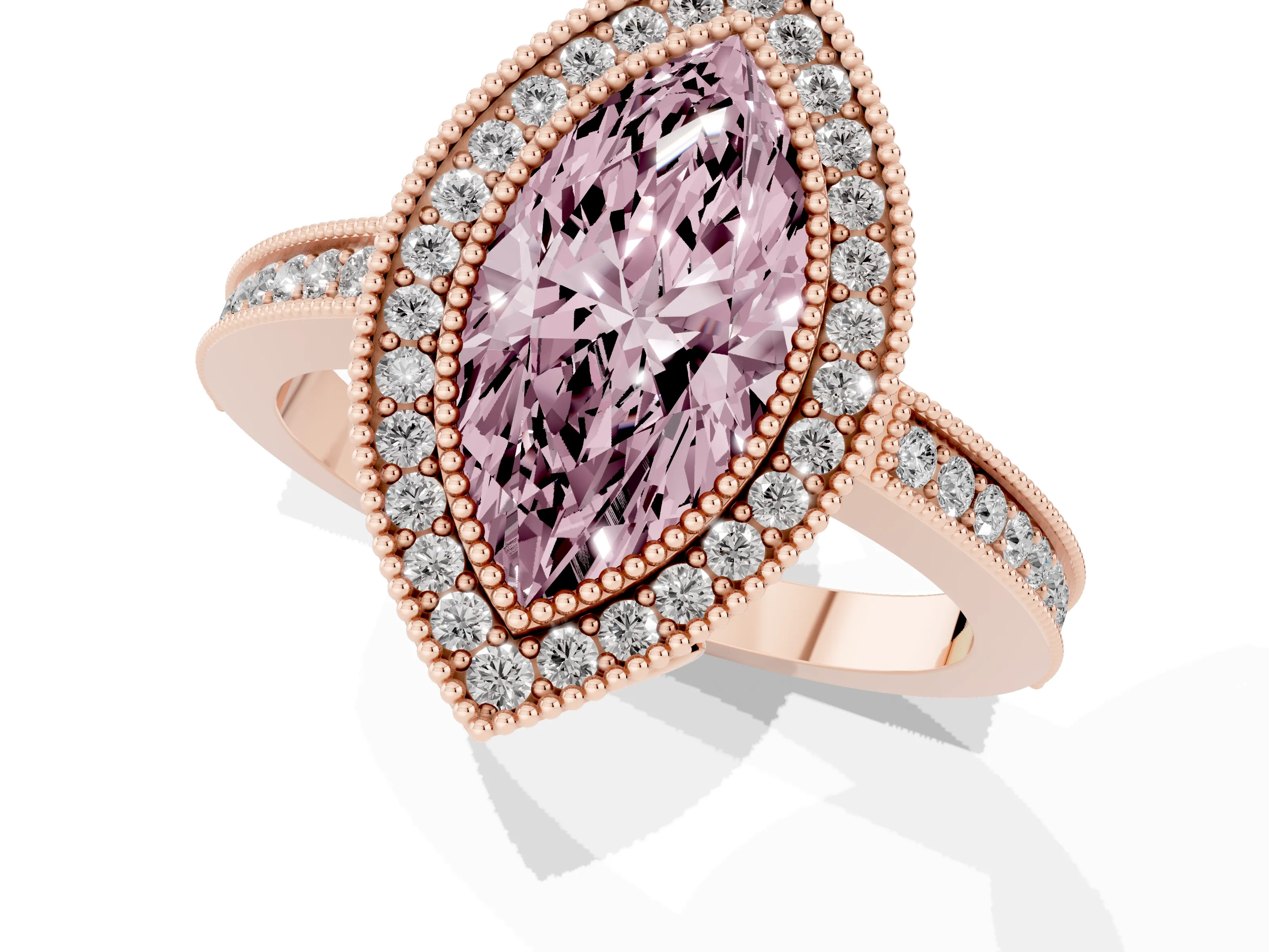 Fancy Pink Marquise Cut Diamond Halo Ring Set in Rose gold with Pavé Band and Milgrain-Edged Prongs
