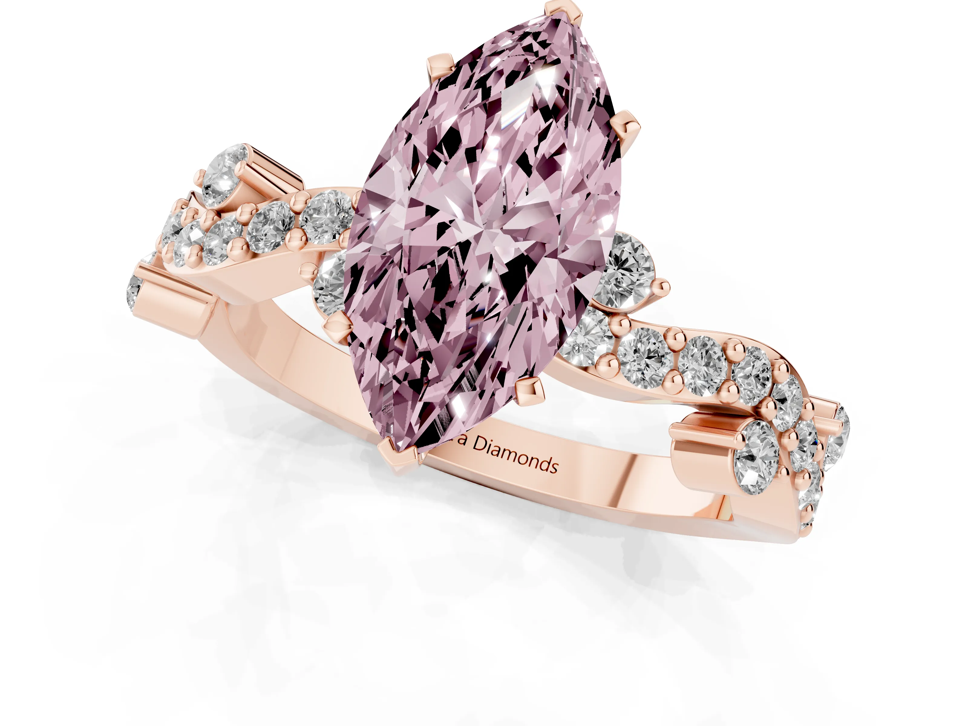 Fancy Pink Marquise Cut Diamond Solitaire Twisted Band Set in Rose gold with Pavé Setting