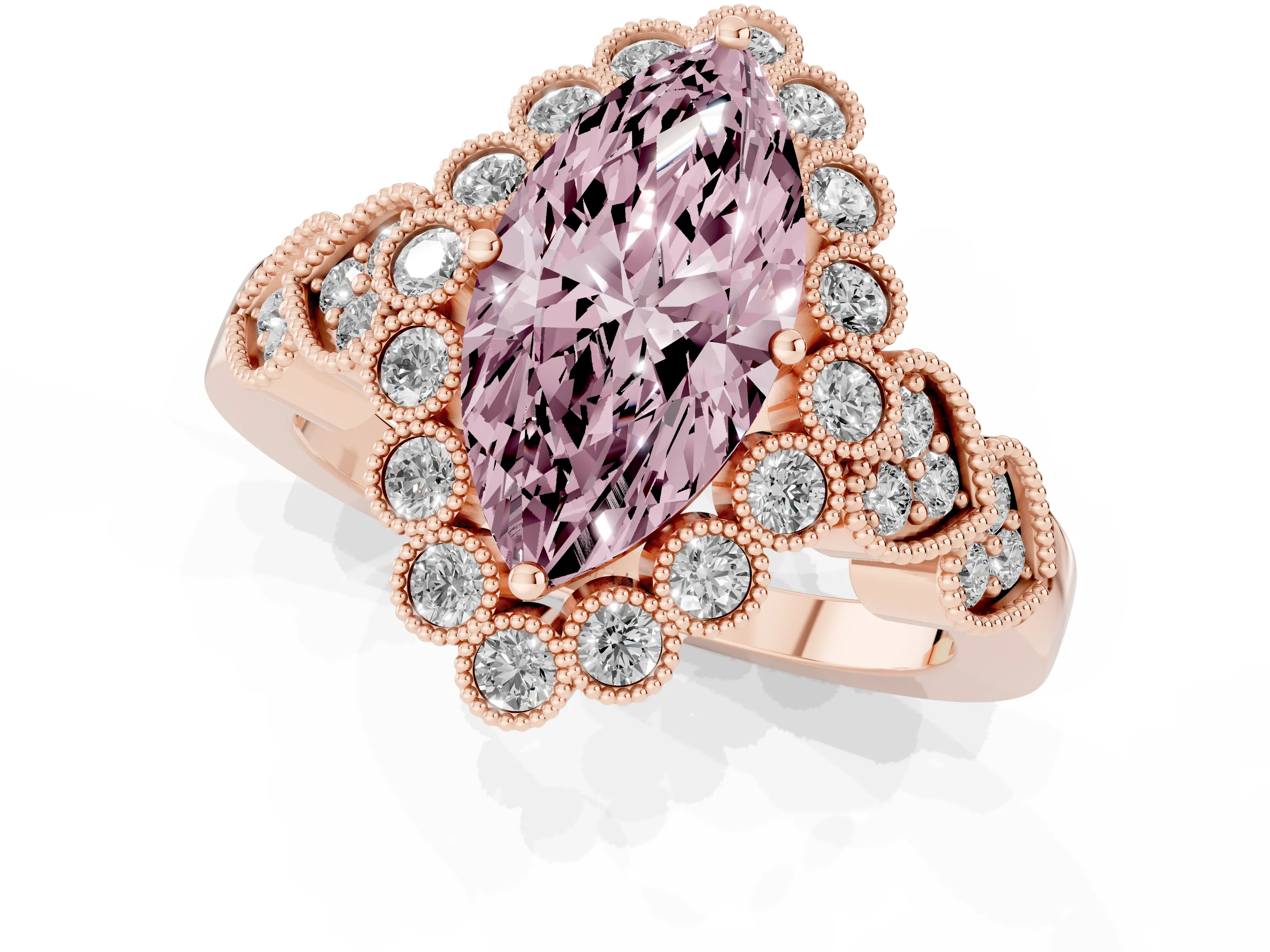 Fancy Pink Marquise Cut Diamond Solitaire Ring Set in Rose gold with Milgrain Pavé Heart Band