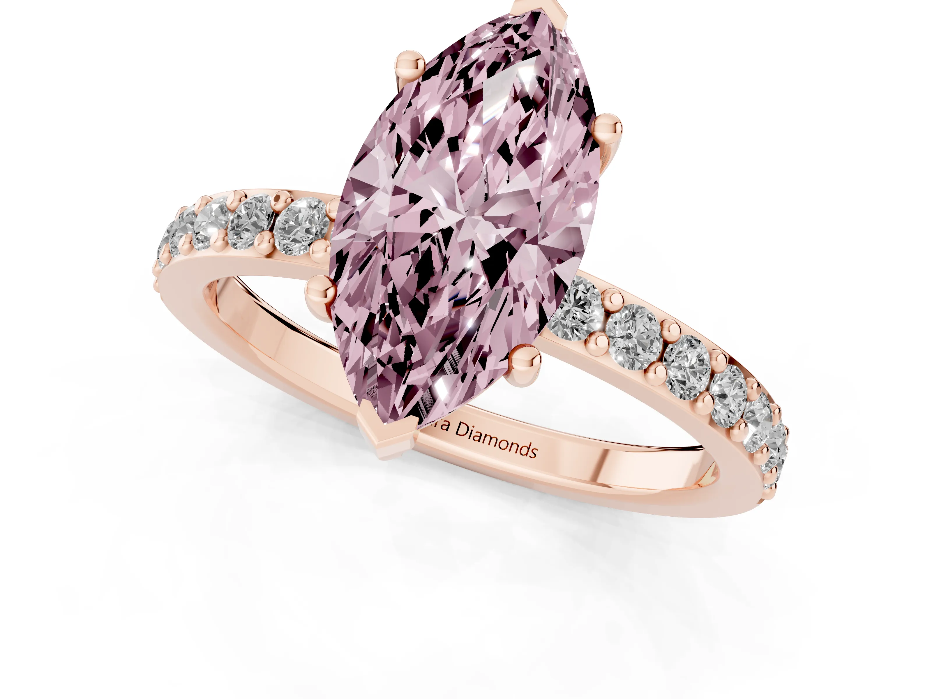 Fancy Pink Marquise Cut Diamond Solitaire Set in Rose gold with Round Pavé Band and Prong Setting