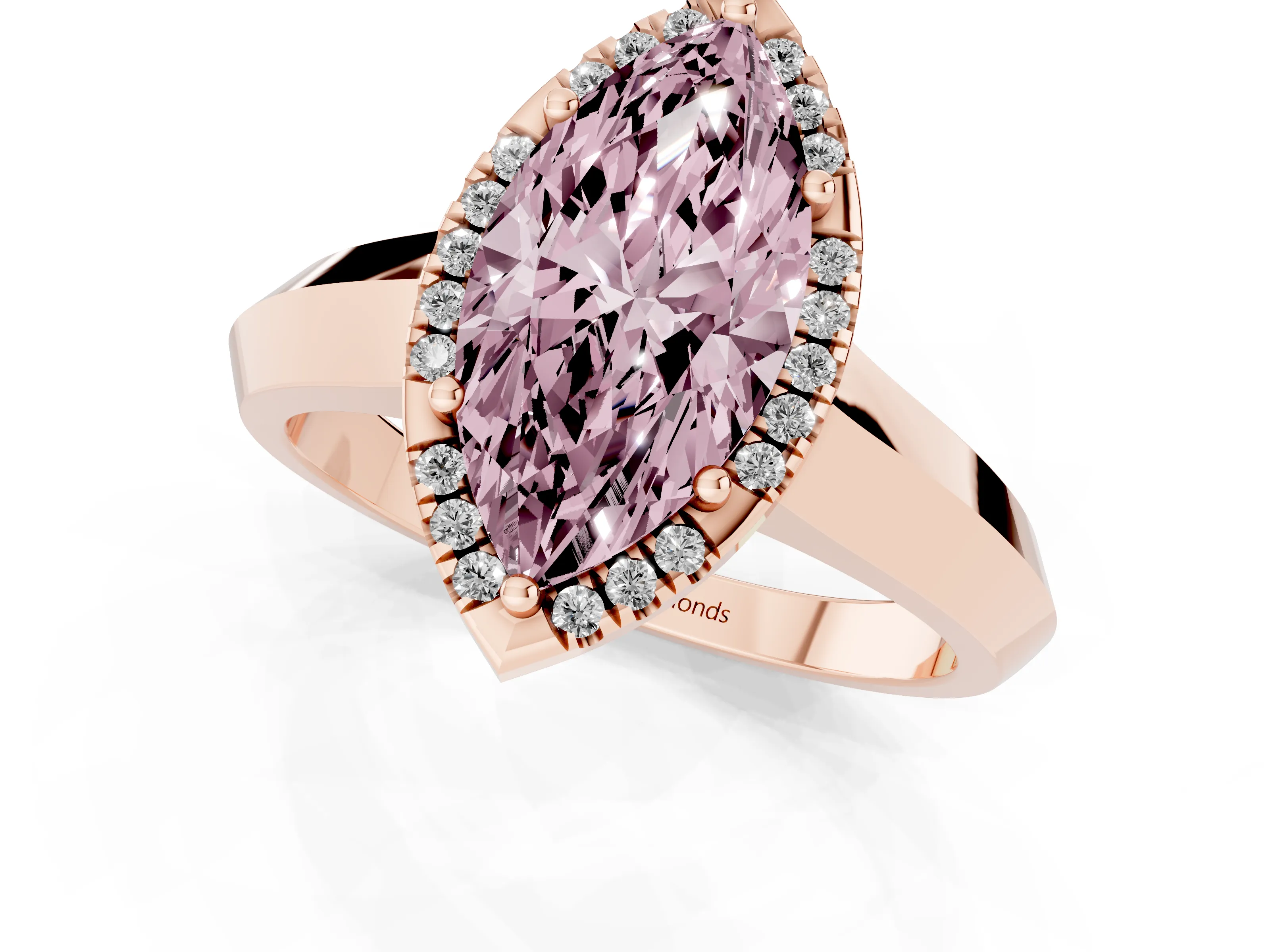 Fancy Pink Marquise Cut Diamond Halo Ring Set in Rose gold with Cathedral Band and Prong Setting