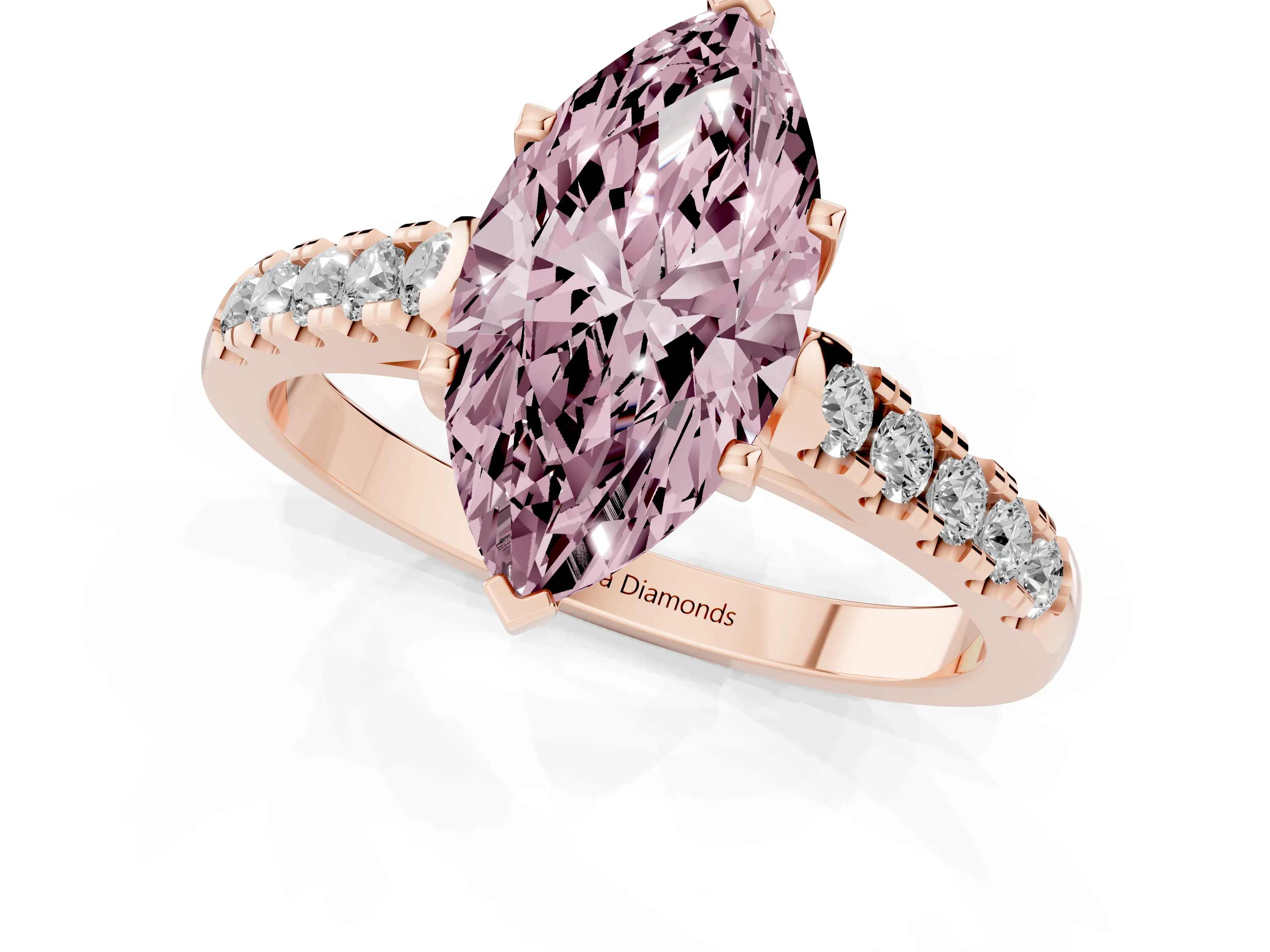 Fancy Pink Marquise Cut Diamond Pavé Band Solitaire Ring Set in Rose gold with Partway Accent Stones and Prong Setting