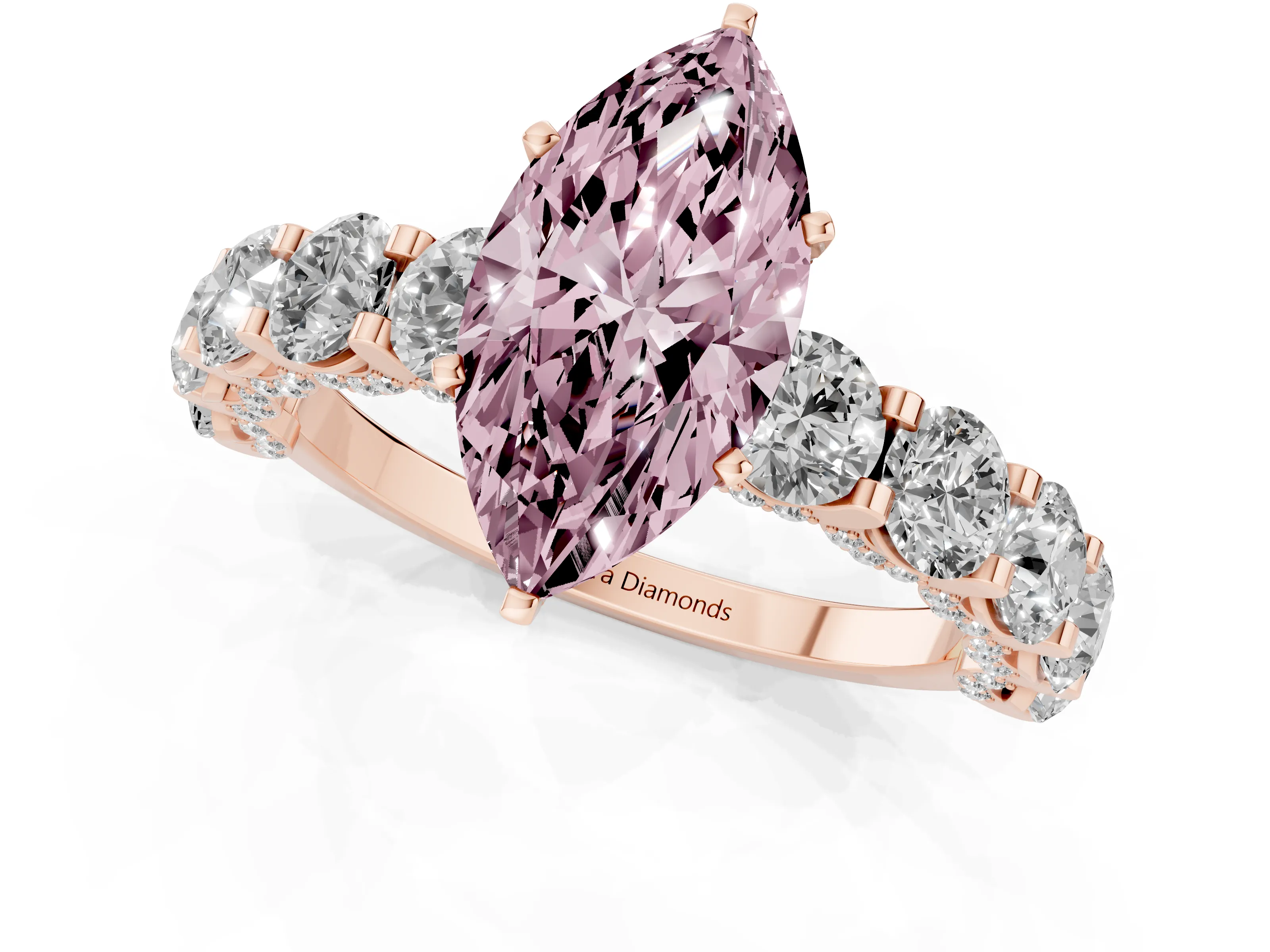 Fancy Pink Marquise Cut Diamond Side Stone Ring Set in Rose gold with Alternating Round and Oval Side Stones