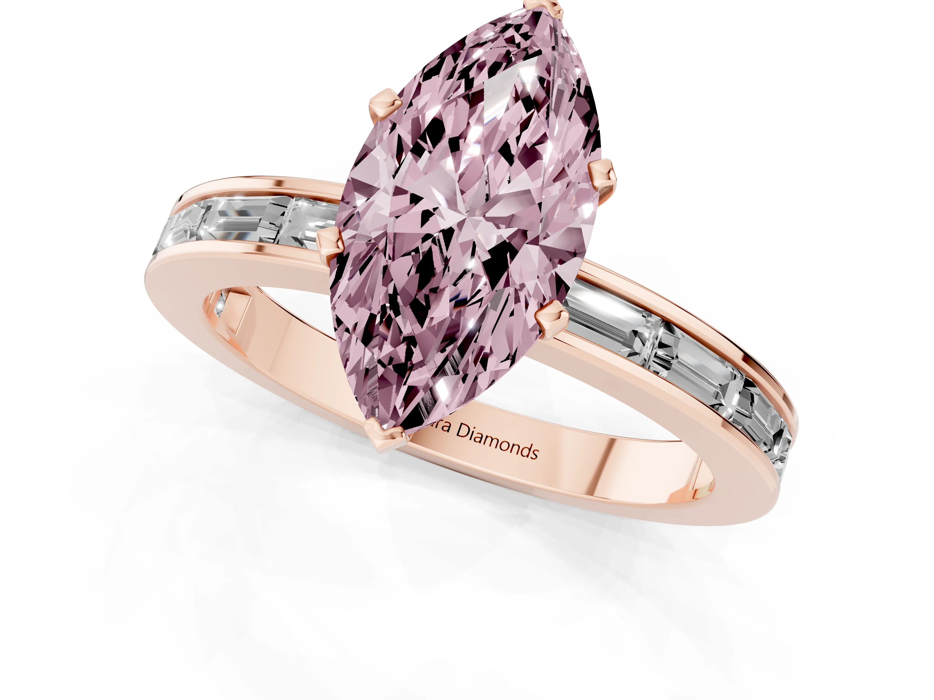 Fancy Pink Marquise Cut Diamond Solitaire Ring Set in Rose gold with Channel-Set Baguette Band and Prong Setting