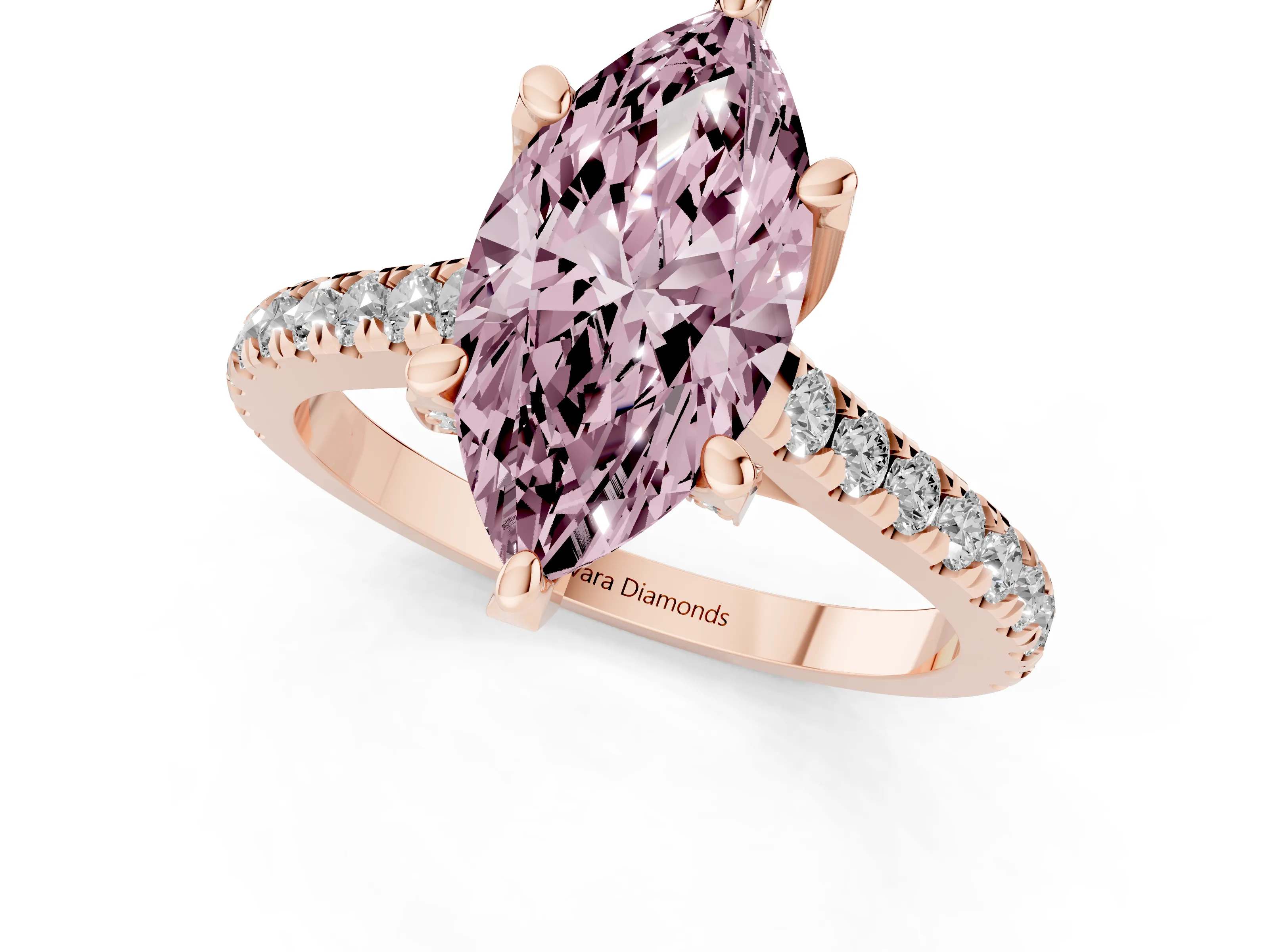 Fancy Pink Marquise Cut Diamond Solitaire Ring Set in Rose gold with Brilliant Pavé Band and Prong Setting