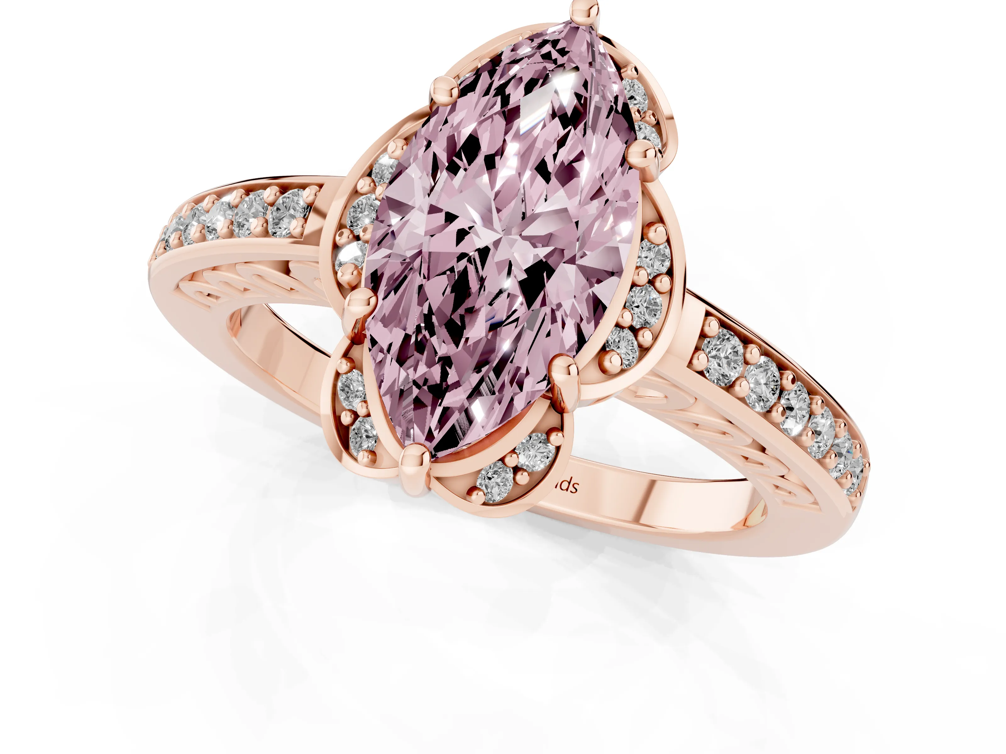 Fancy Pink Marquise Cut Diamond Halo Ring Set in Rose gold with Channel Set Band and Prong Setting