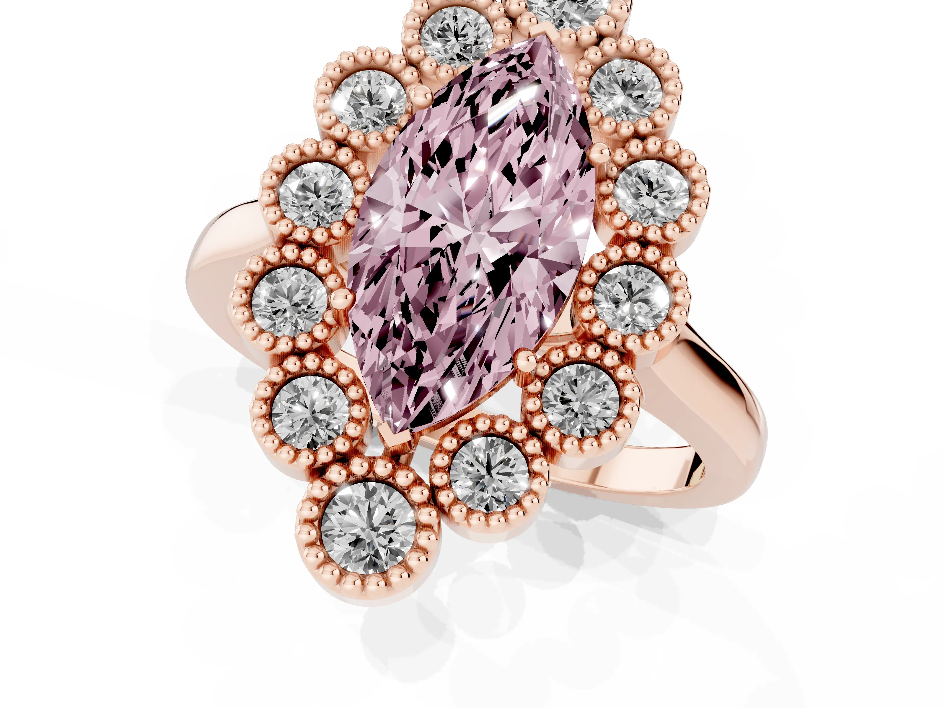 Fancy Pink Marquise Cut Diamond Cluster Halo Ring Set in Rose gold with Milgrain Bezel Accents and Plain Band